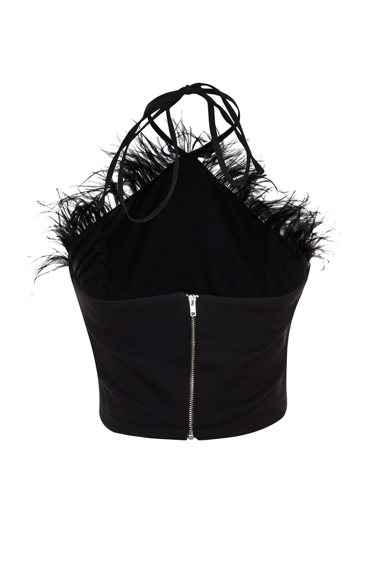 Black Asymmetrical Collar Crop Top, , large image number 7