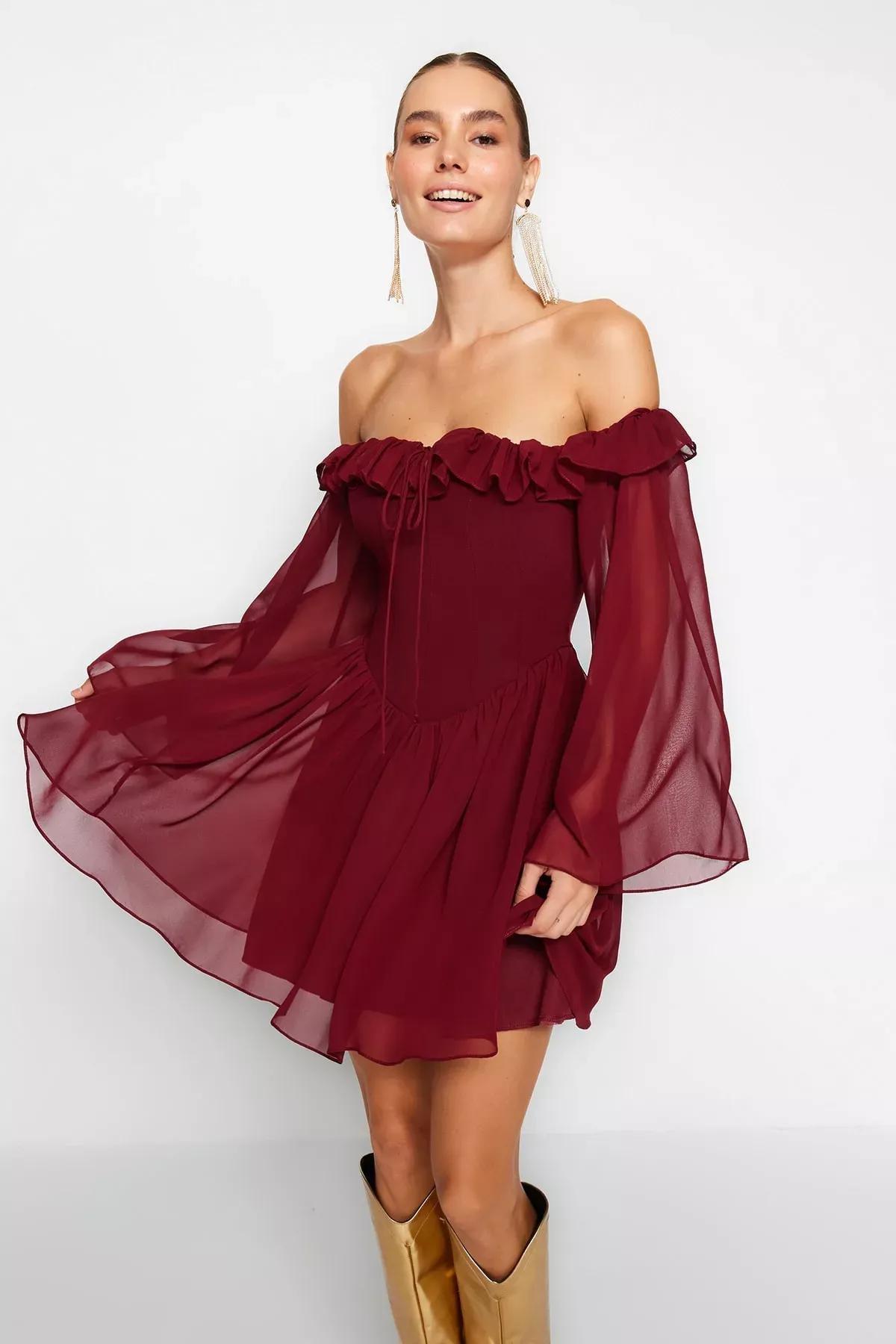 Burgundy Chiffon Occasion Wear Dress, , large image number 0
