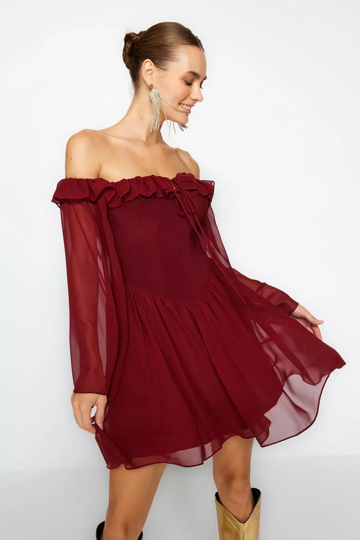 Burgundy Chiffon Occasion Wear Dress, , large image number 1