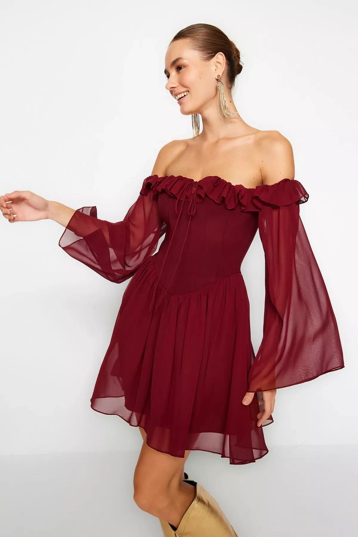 Burgundy Chiffon Occasion Wear Dress, , large image number 2