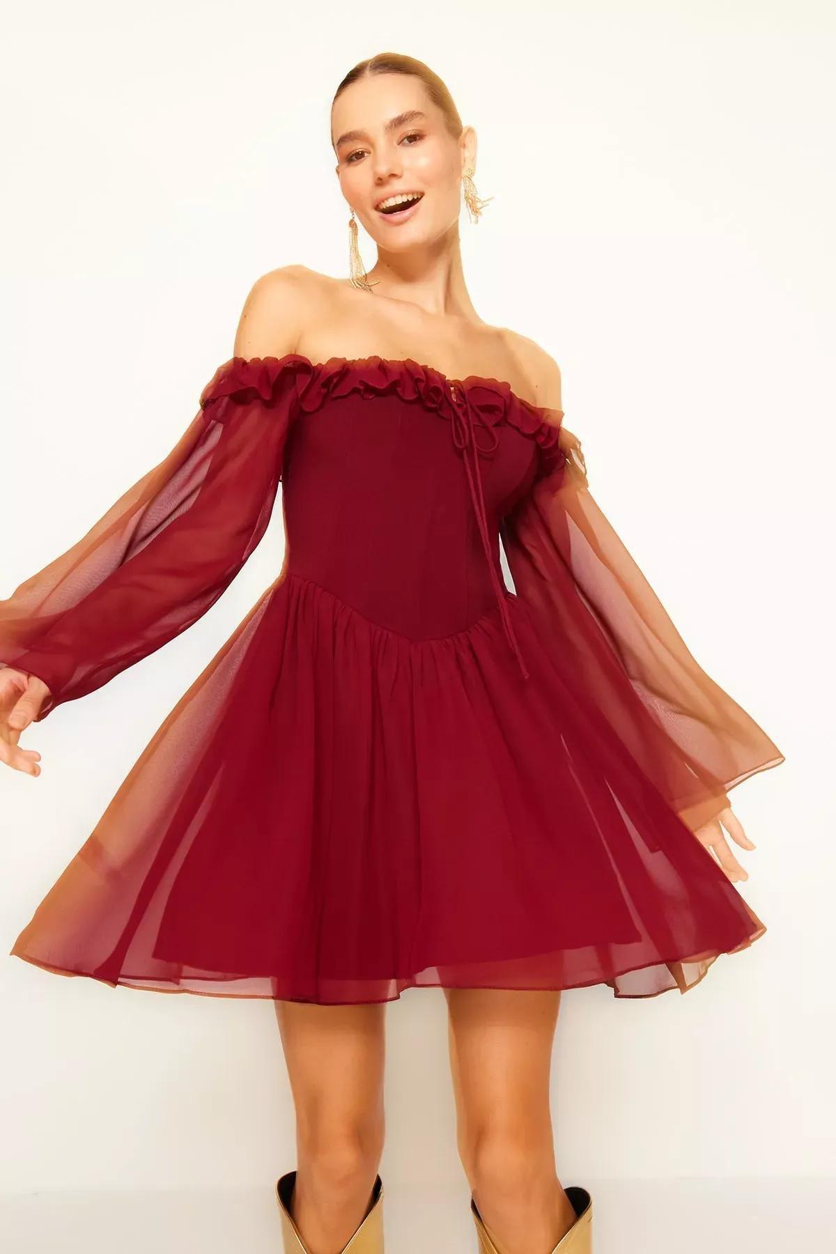 Burgundy Chiffon Occasion Wear Dress, , large image number 3