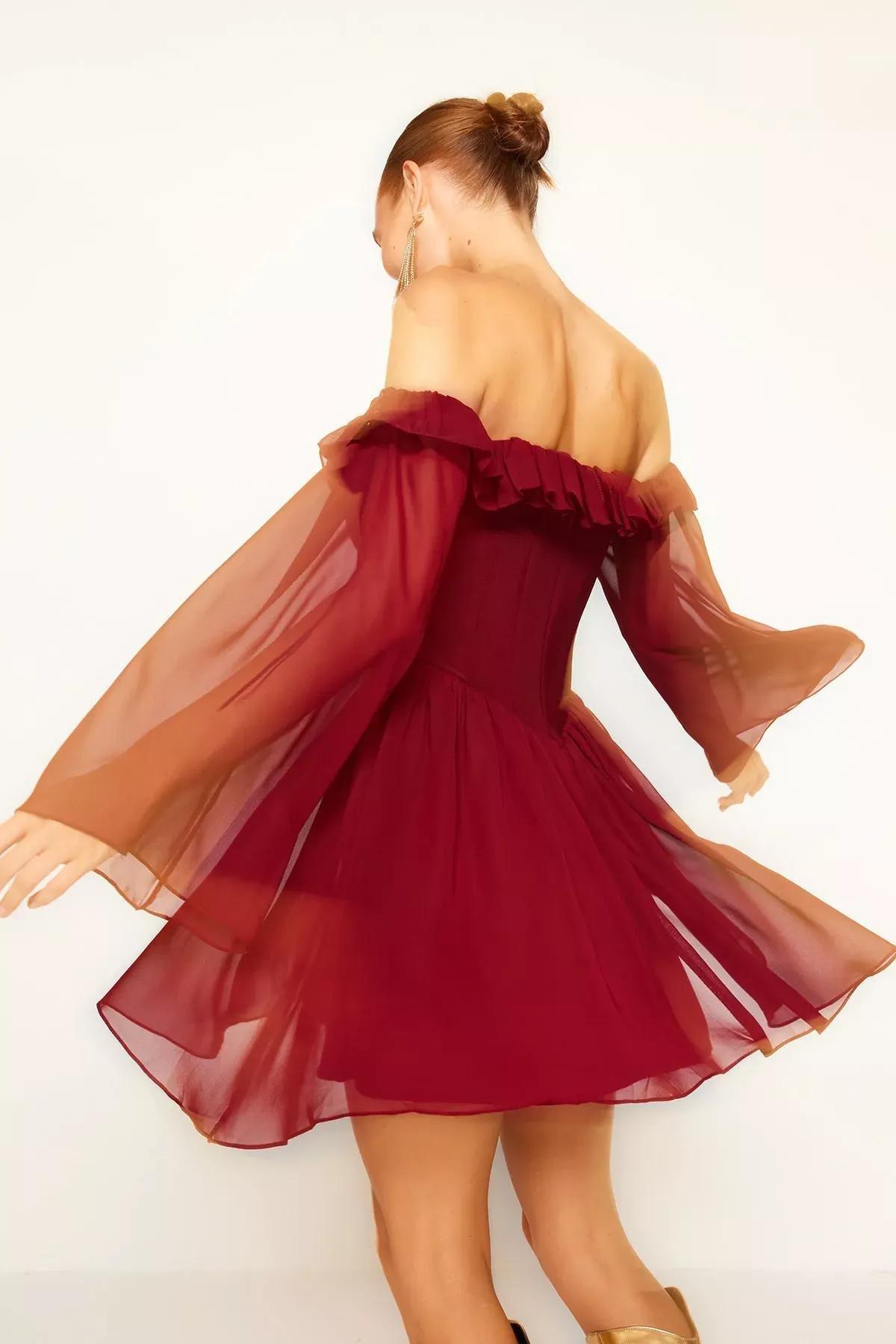 Burgundy Chiffon Occasion Wear Dress, , large image number 4