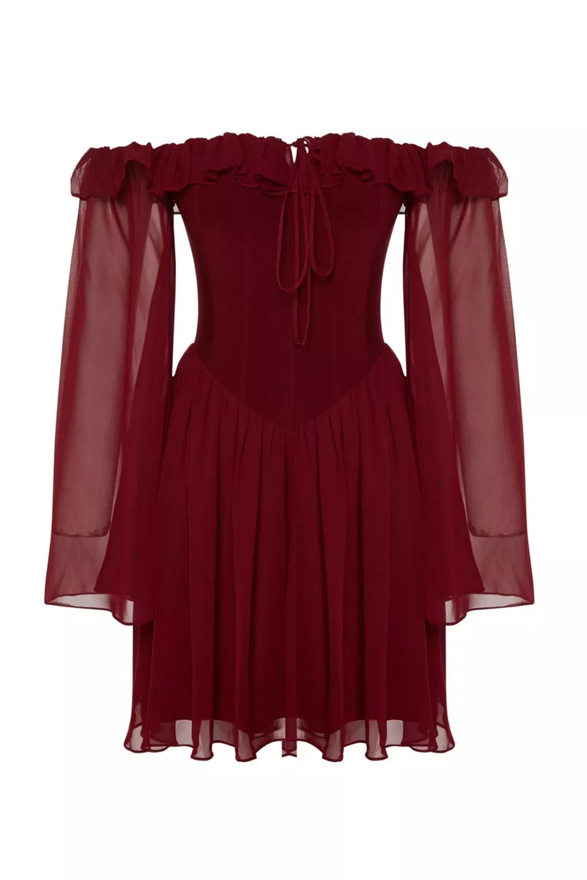 Burgundy Chiffon Occasion Wear Dress, , large image number 5