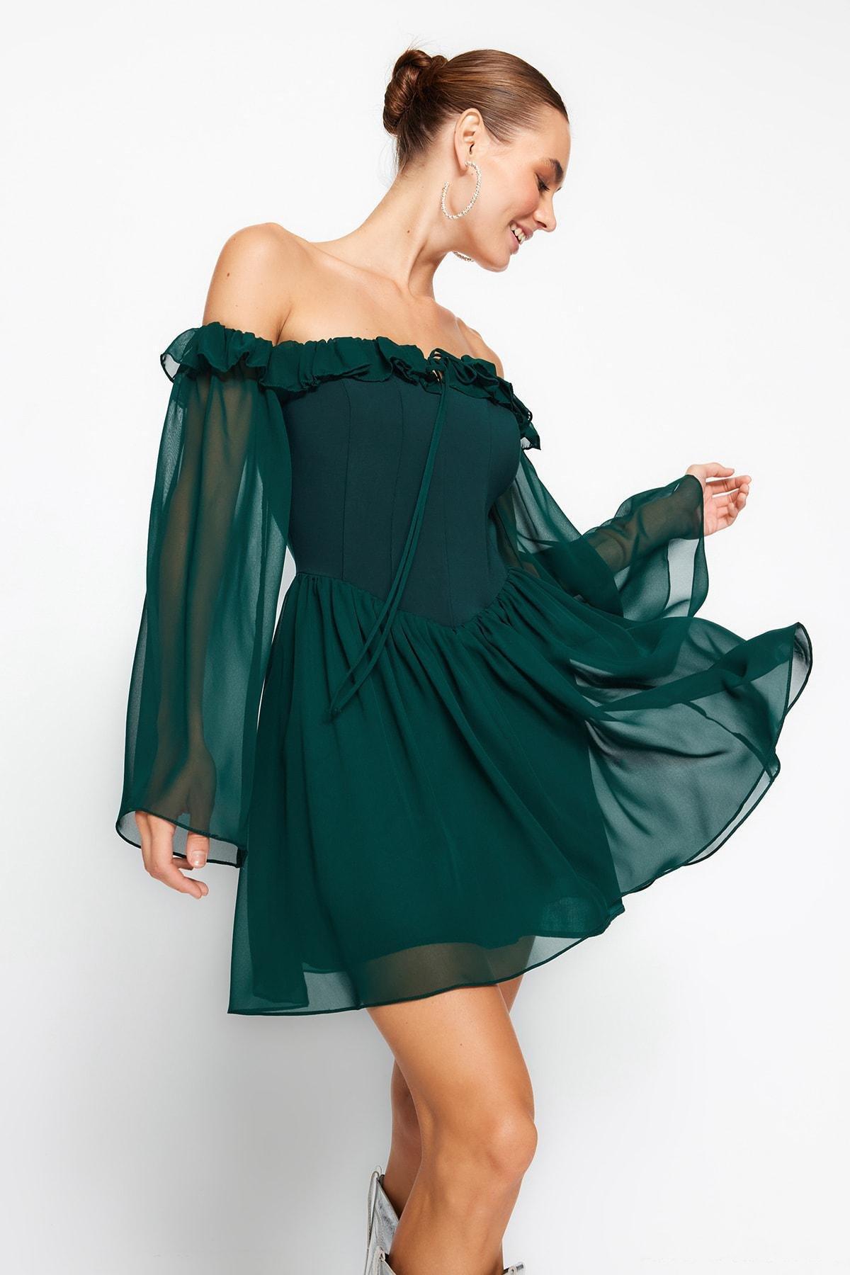 Green Chiffon Skater Lined Elegant Occasionwear Dress, , large image number 1
