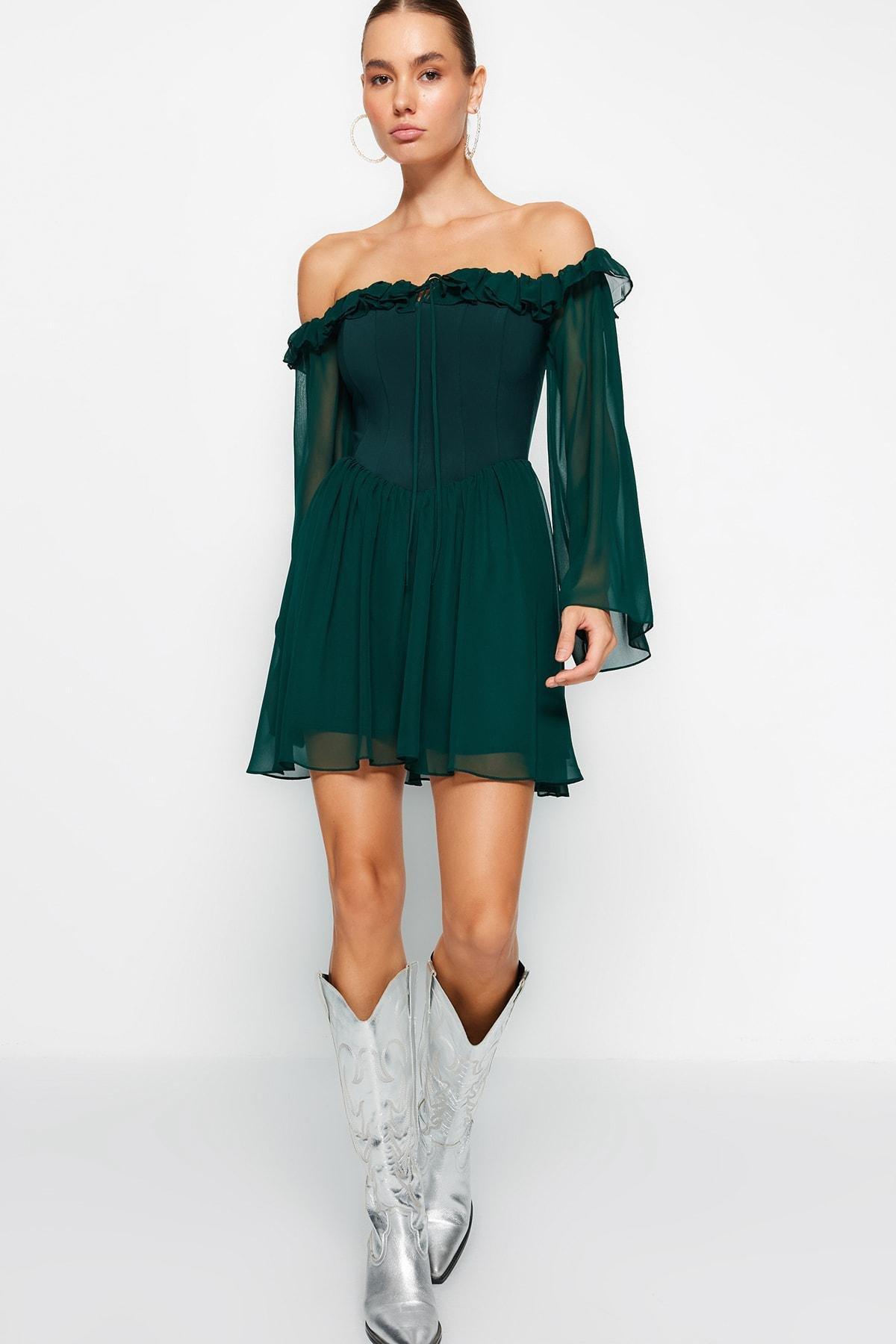 Green Chiffon Skater Lined Elegant Occasionwear Dress, , large image number 2
