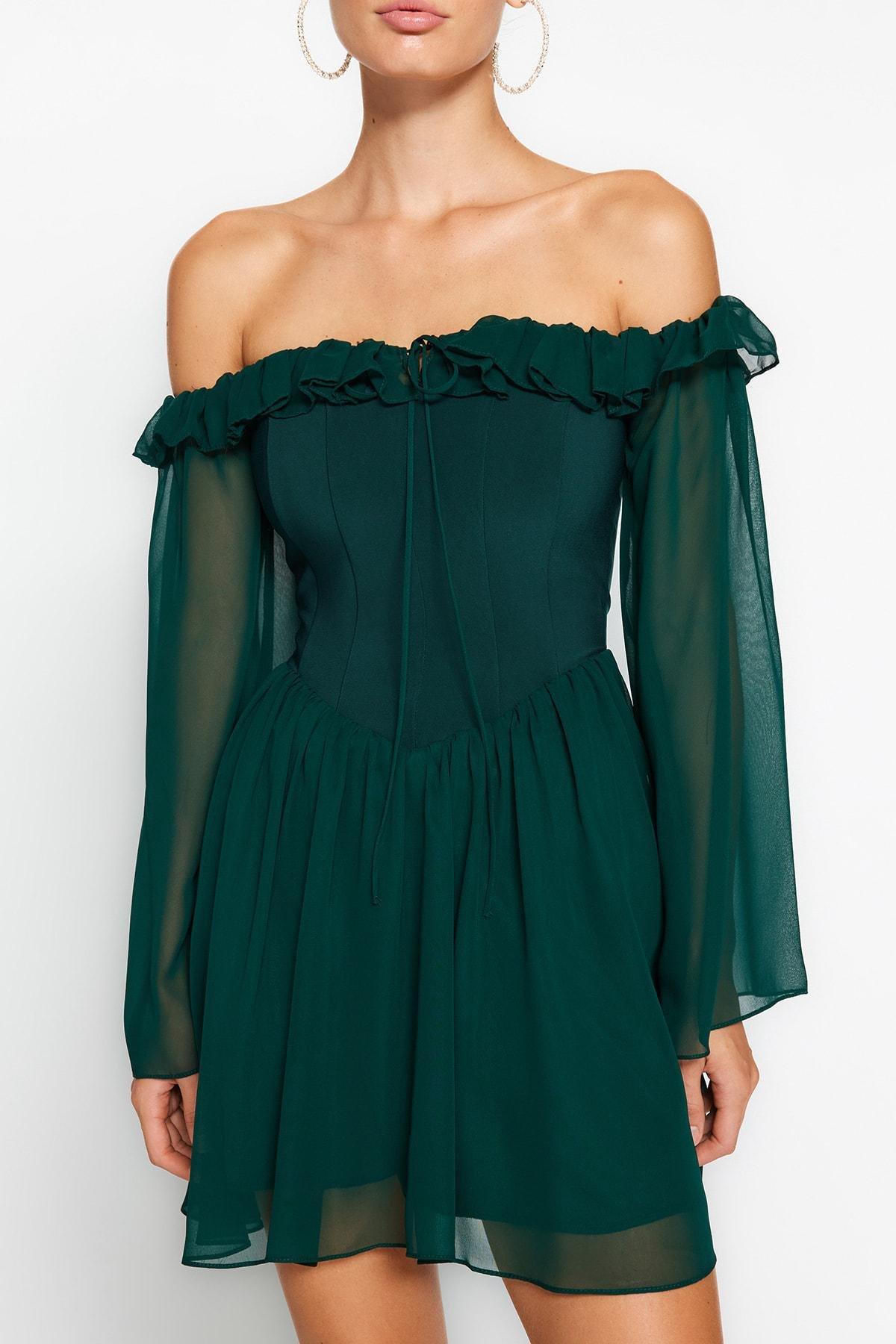 Green Chiffon Skater Lined Elegant Occasionwear Dress, , large image number 3