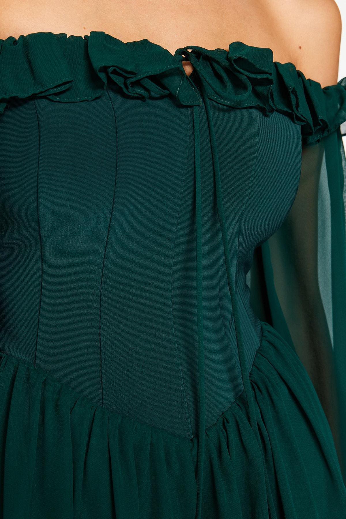 Green Chiffon Skater Lined Elegant Occasionwear Dress, , large image number 4