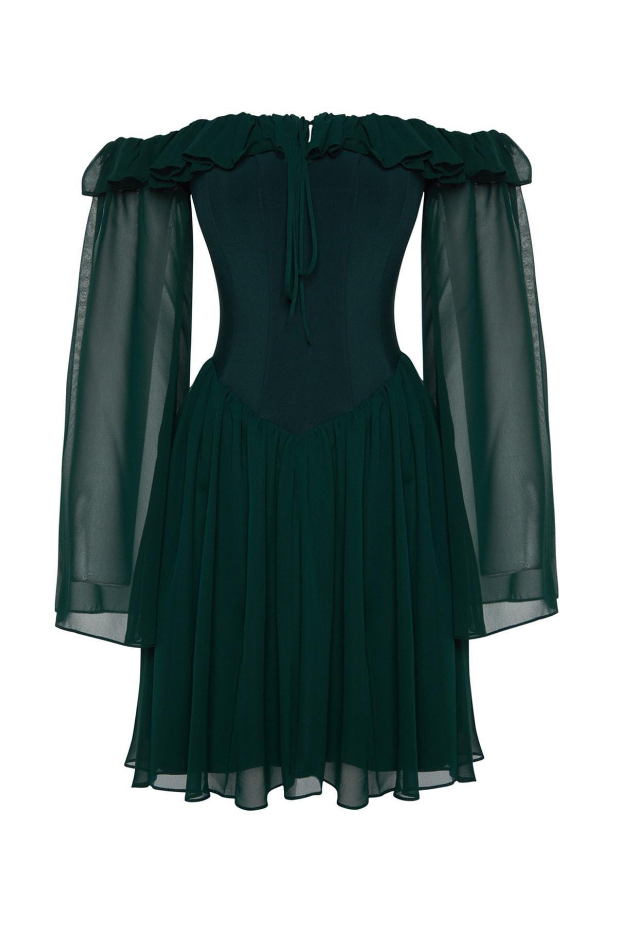 Green Chiffon Skater Lined Elegant Occasionwear Dress, , large image number 5