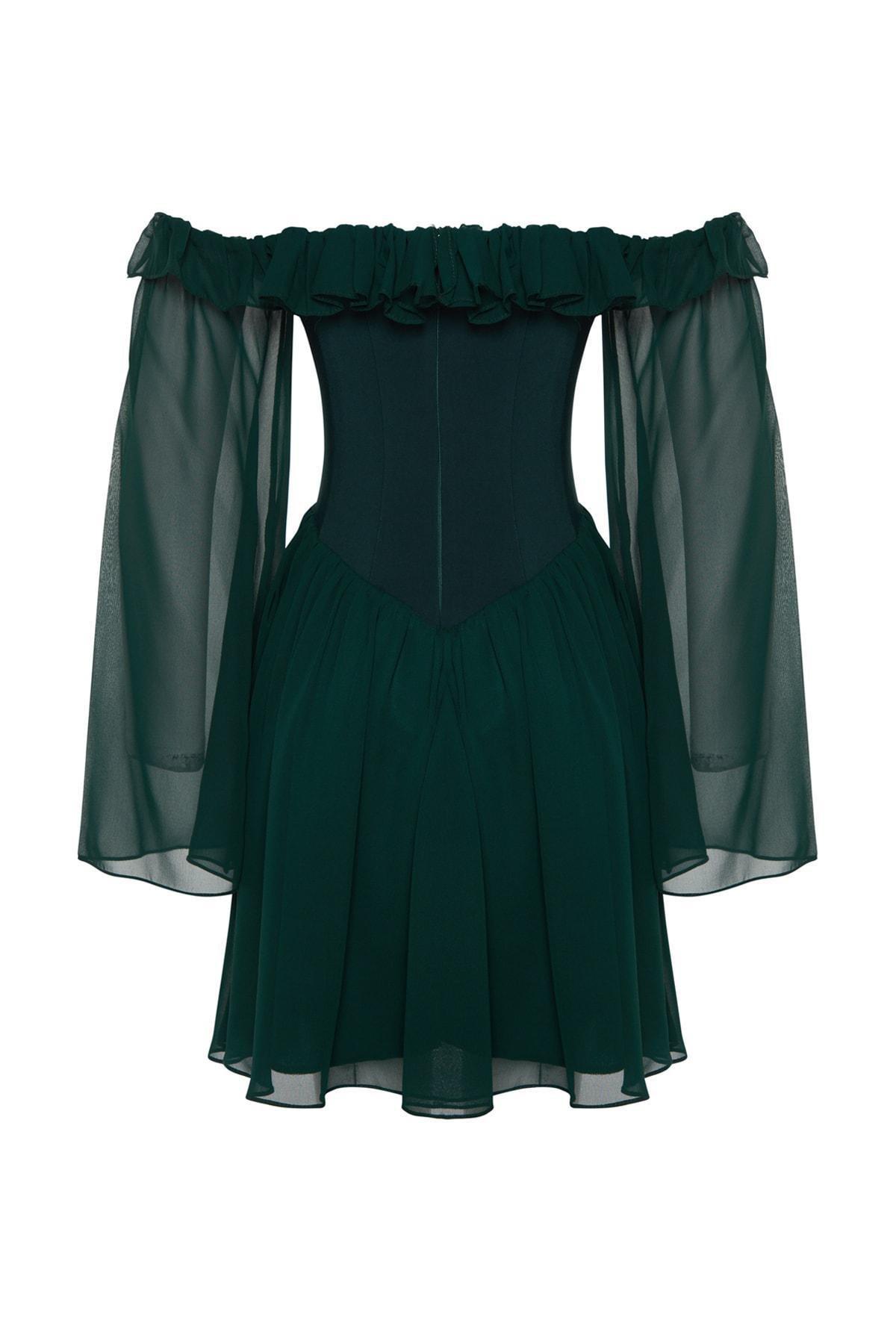 Green Chiffon Skater Lined Elegant Occasionwear Dress, , large image number 6