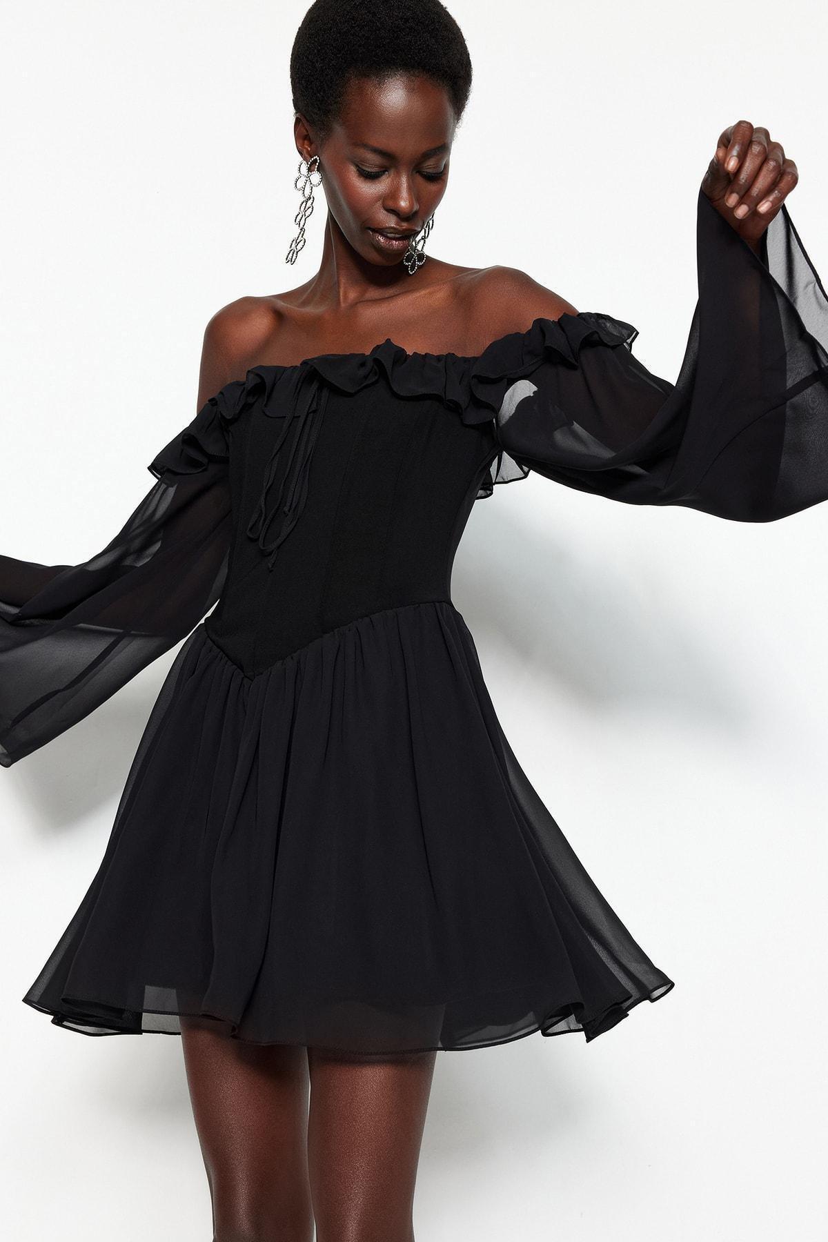 Black Skater Carmen Collar Dress, , large image number 0