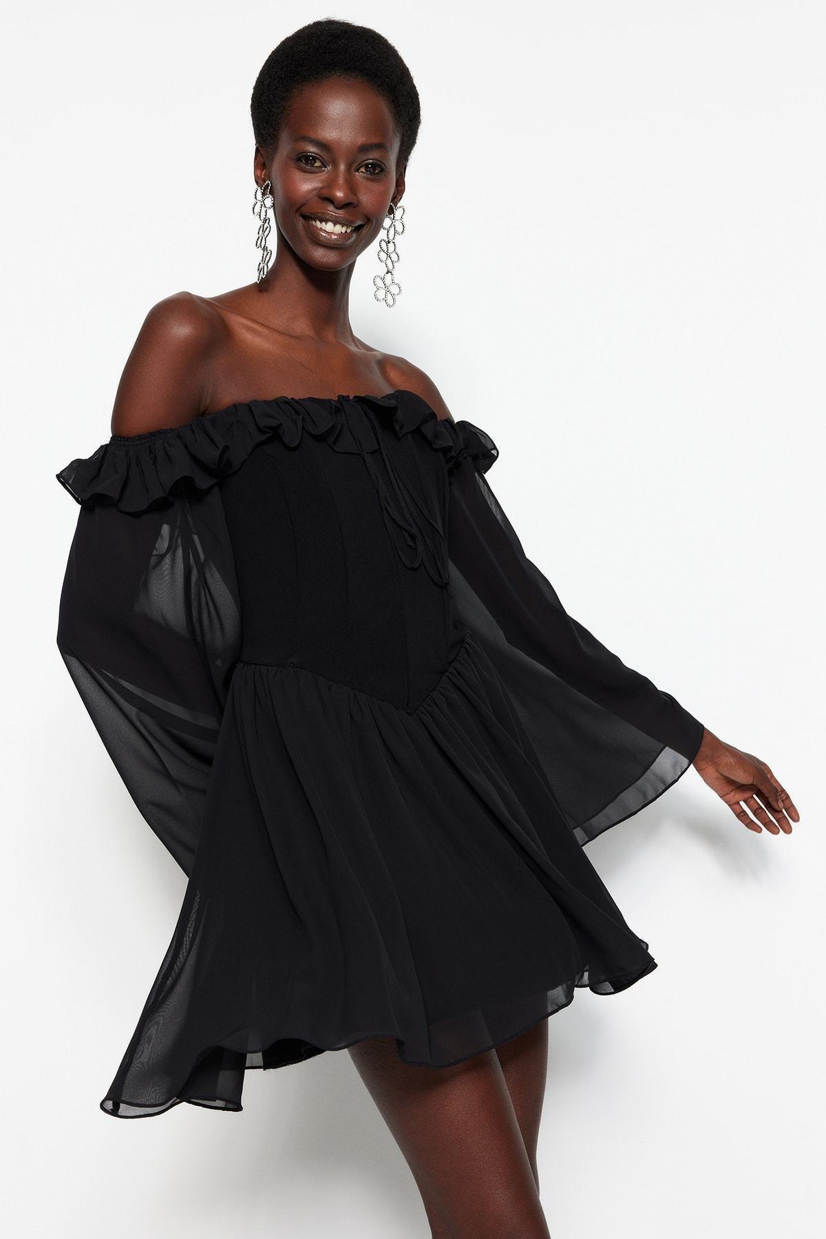 Black Skater Carmen Collar Dress, , large image number 1