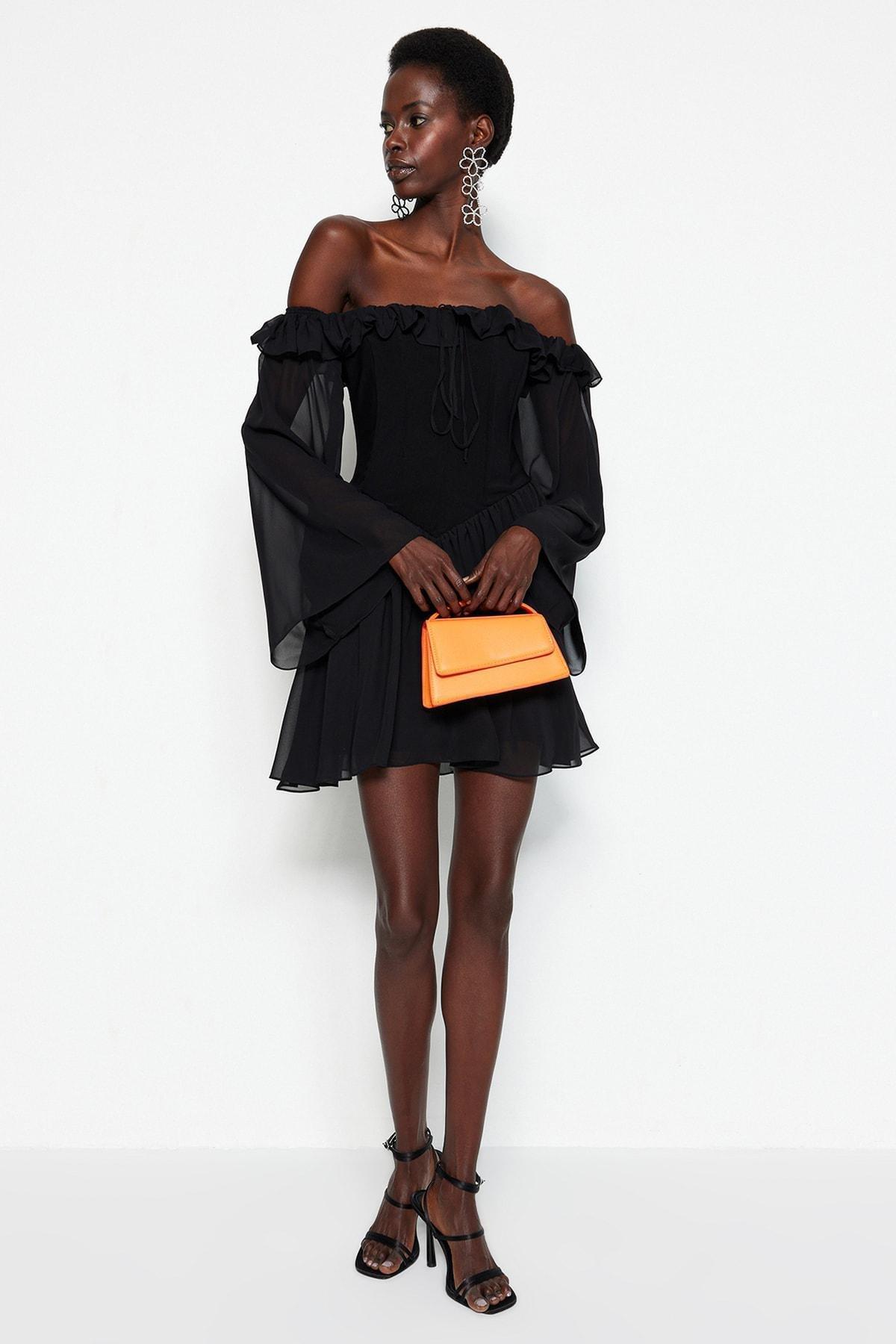 Black Skater Carmen Collar Dress, , large image number 2