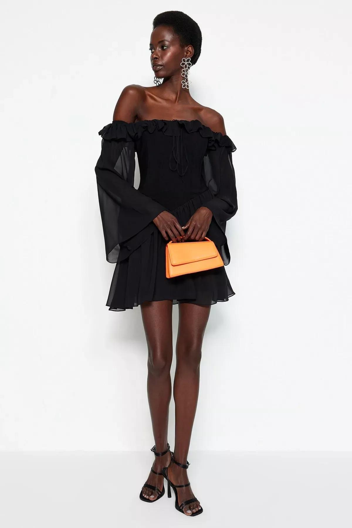 Black Skater Carmen Collar Dress, , large image number 2