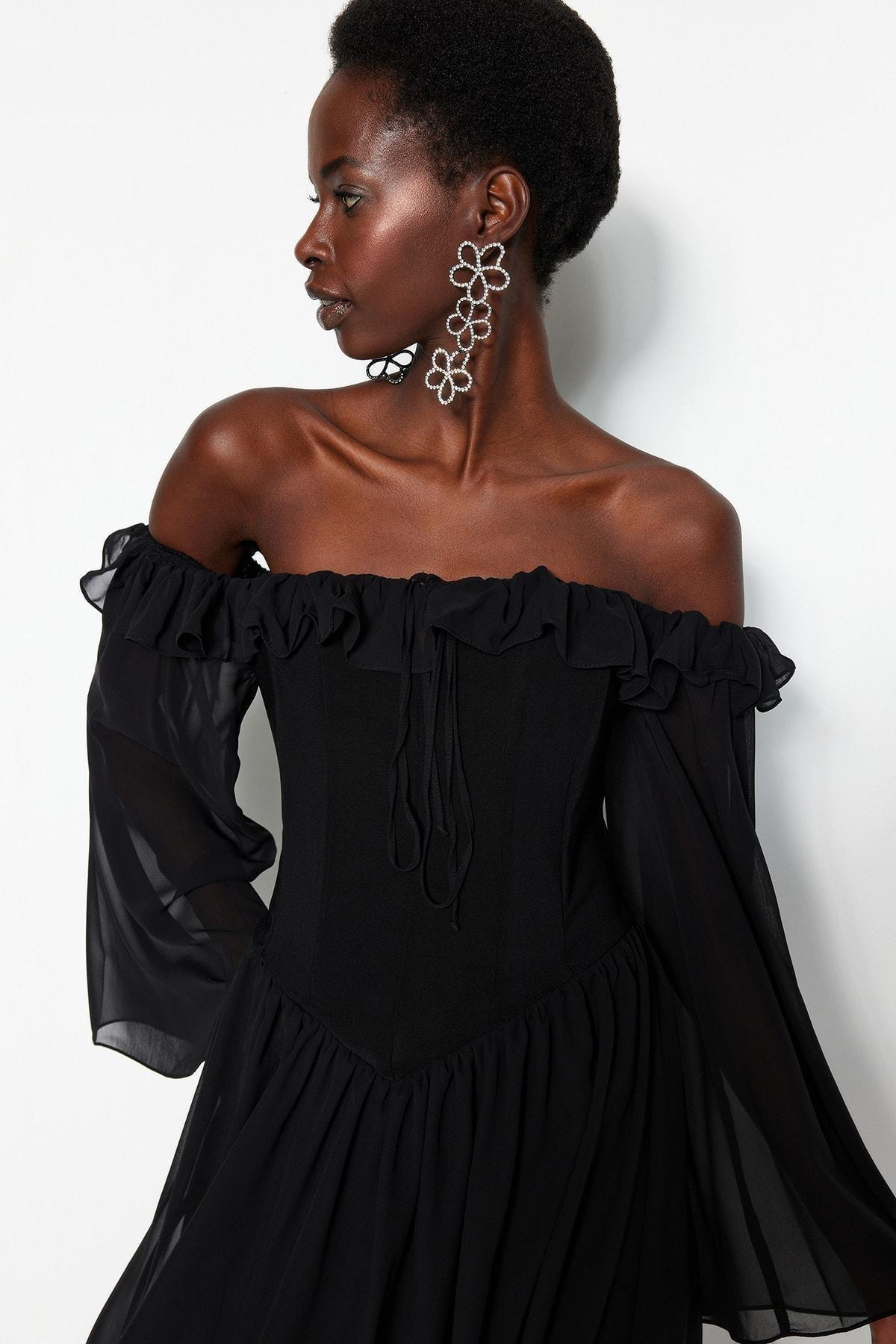 Black Skater Carmen Collar Dress, , large image number 3