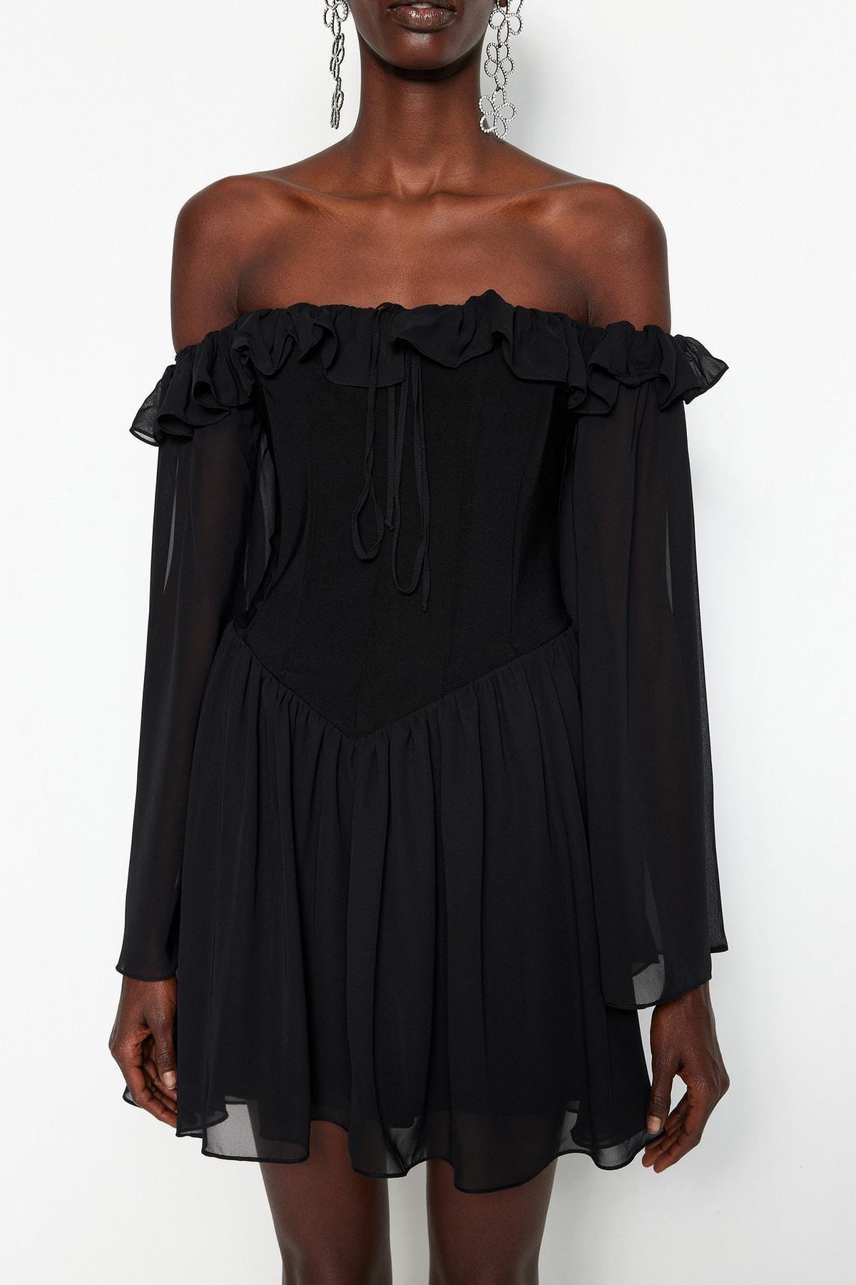 Black Skater Carmen Collar Dress, , large image number 4