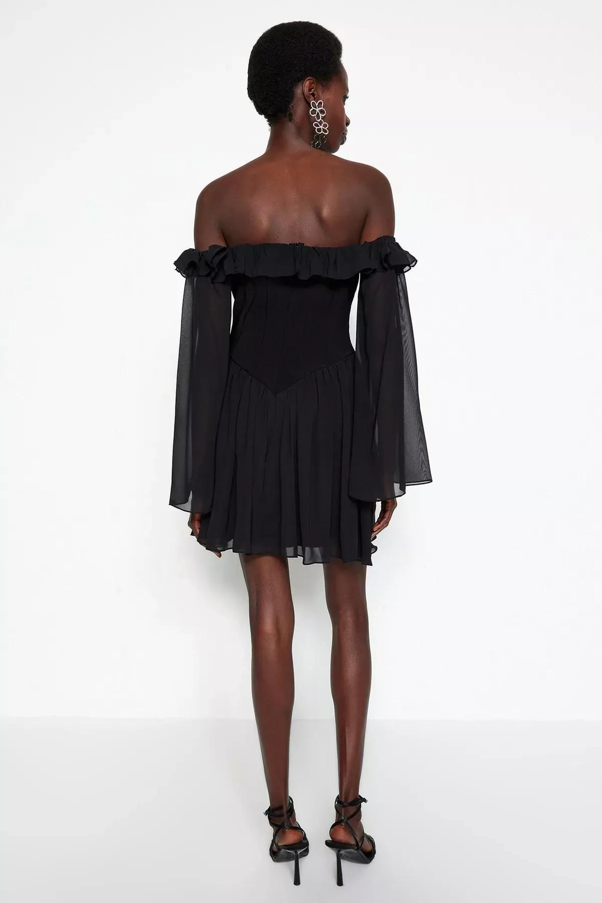 Black Skater Carmen Collar Dress, , large image number 5