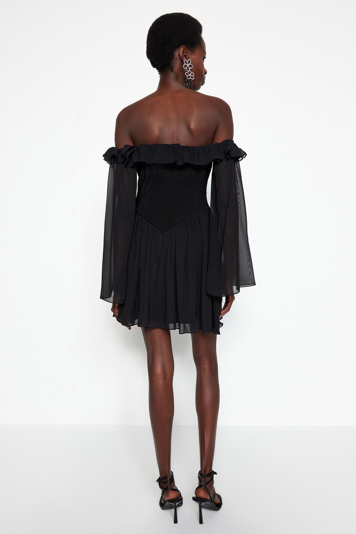 Black Skater Carmen Collar Dress, , large image number 6