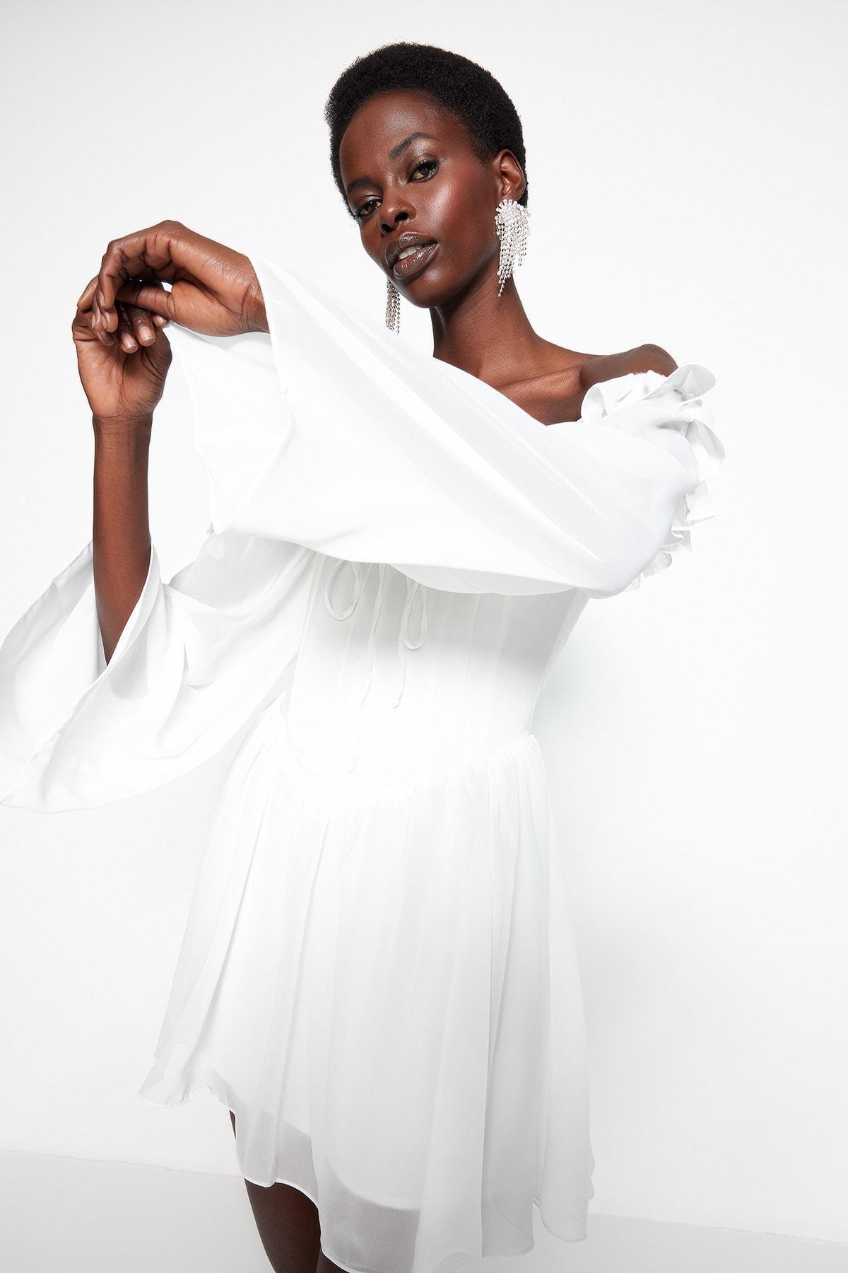 Trendyol - Off-White Off-Shoulder Chiffon Dress