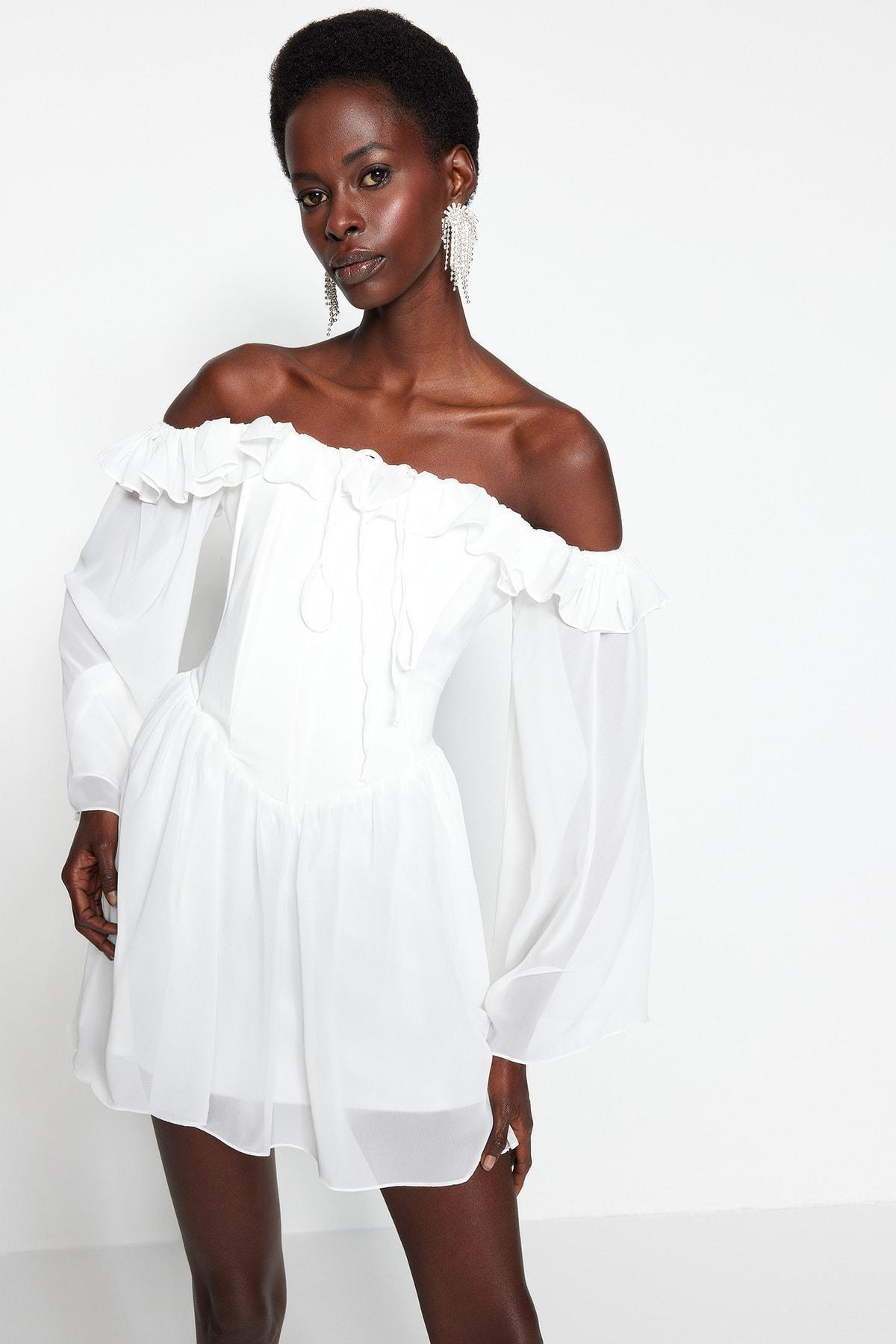 Trendyol - Off-White Off-Shoulder Chiffon Dress