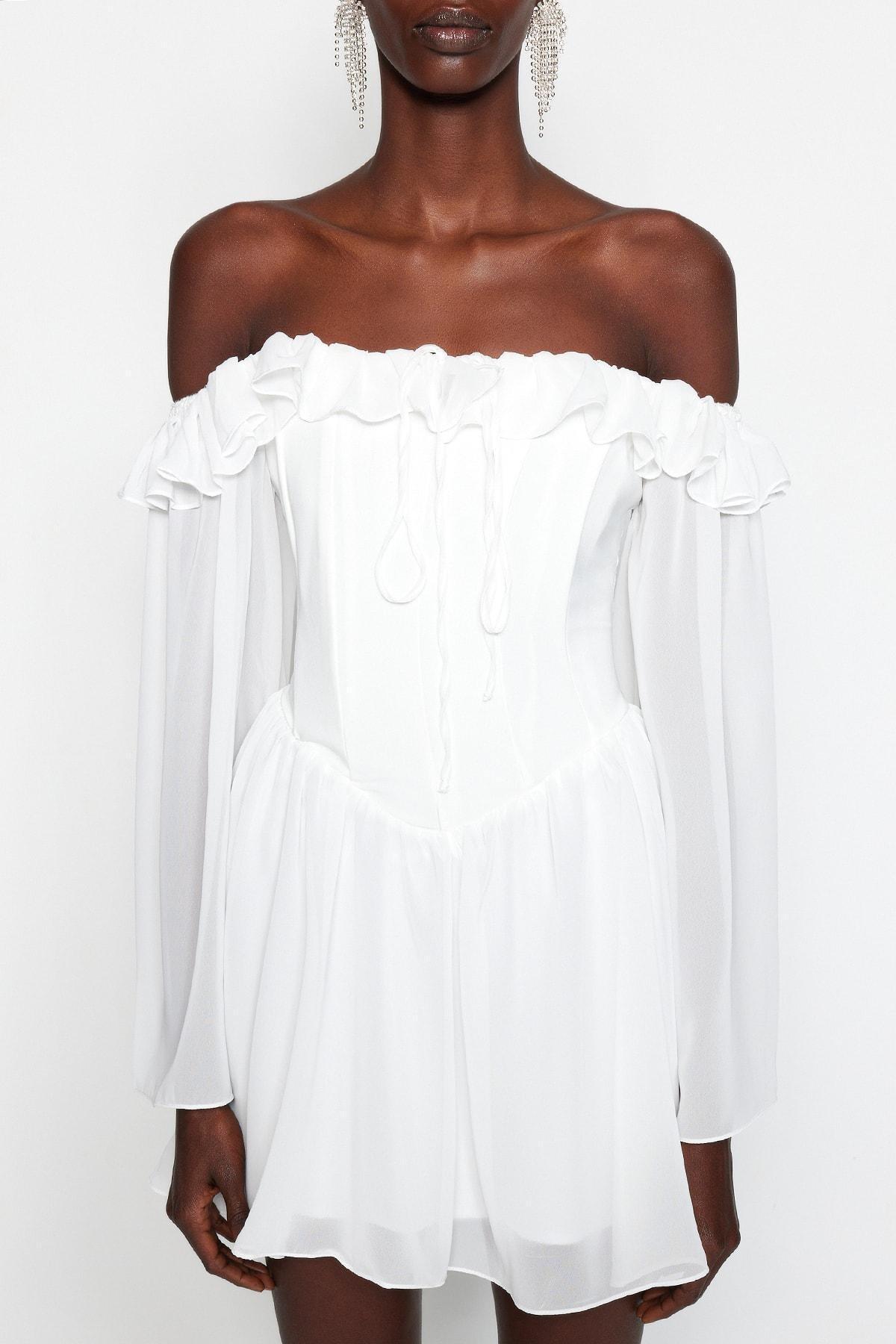 Trendyol - Off-White Off-Shoulder Chiffon Dress