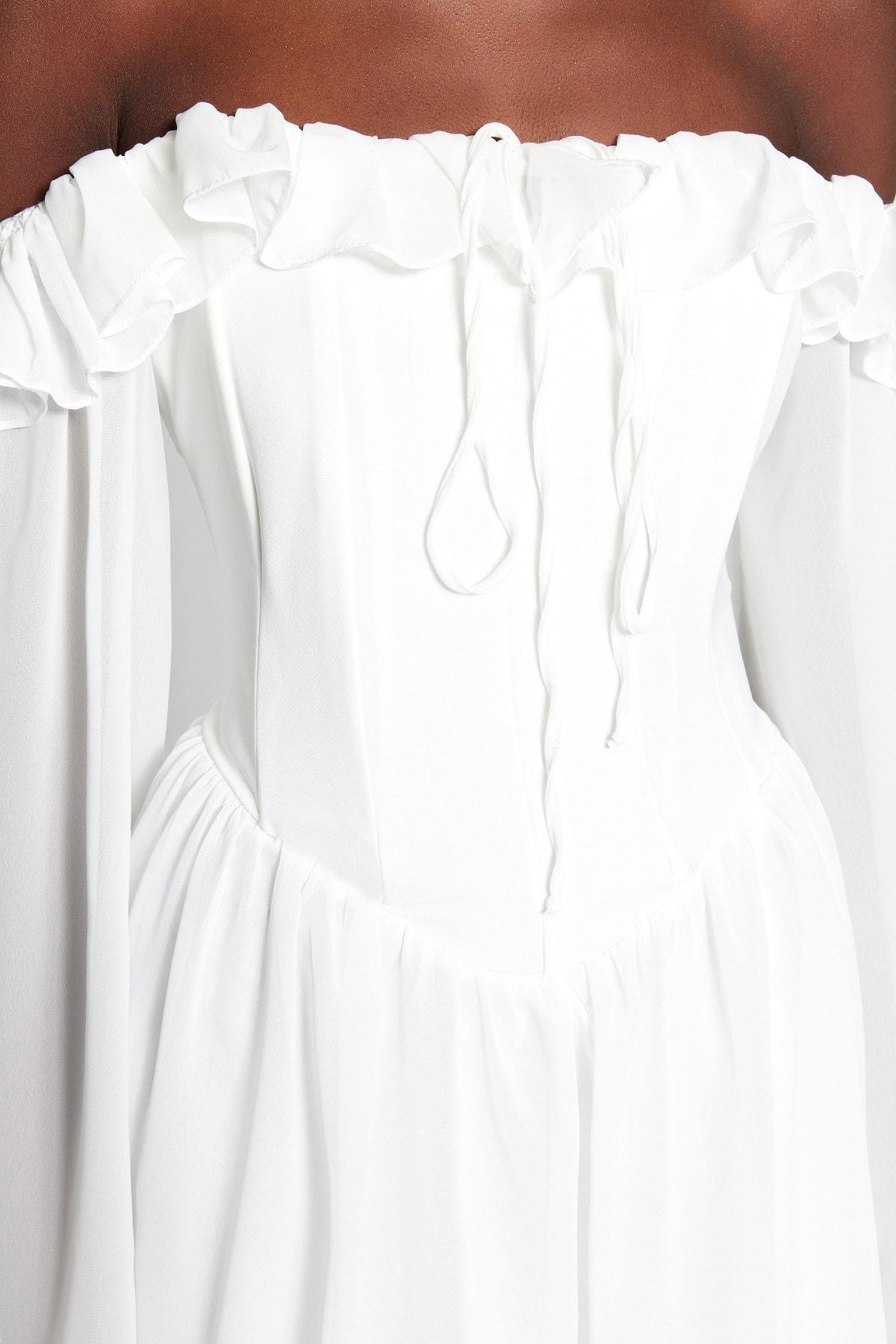 Trendyol - Off-White Off-Shoulder Chiffon Dress