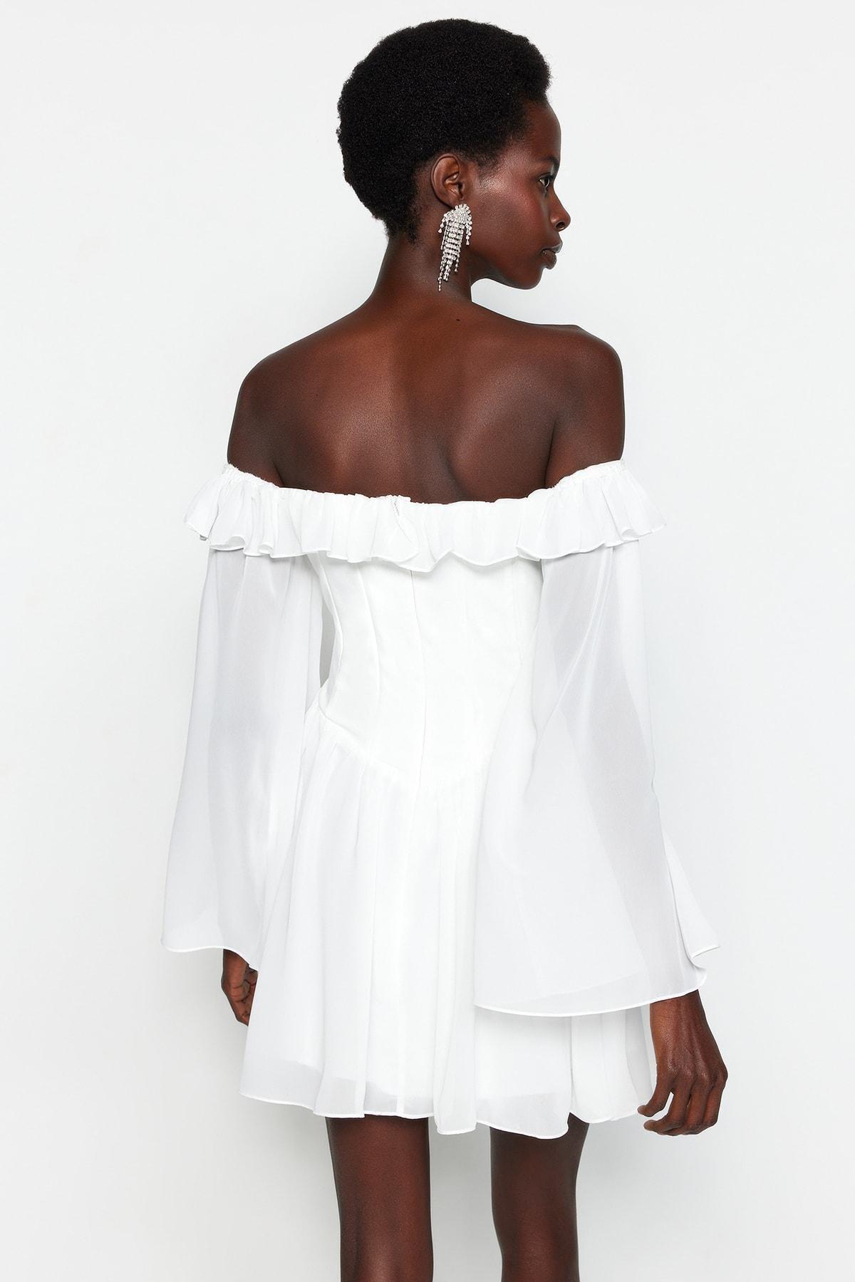 Trendyol - Off-White Off-Shoulder Chiffon Dress