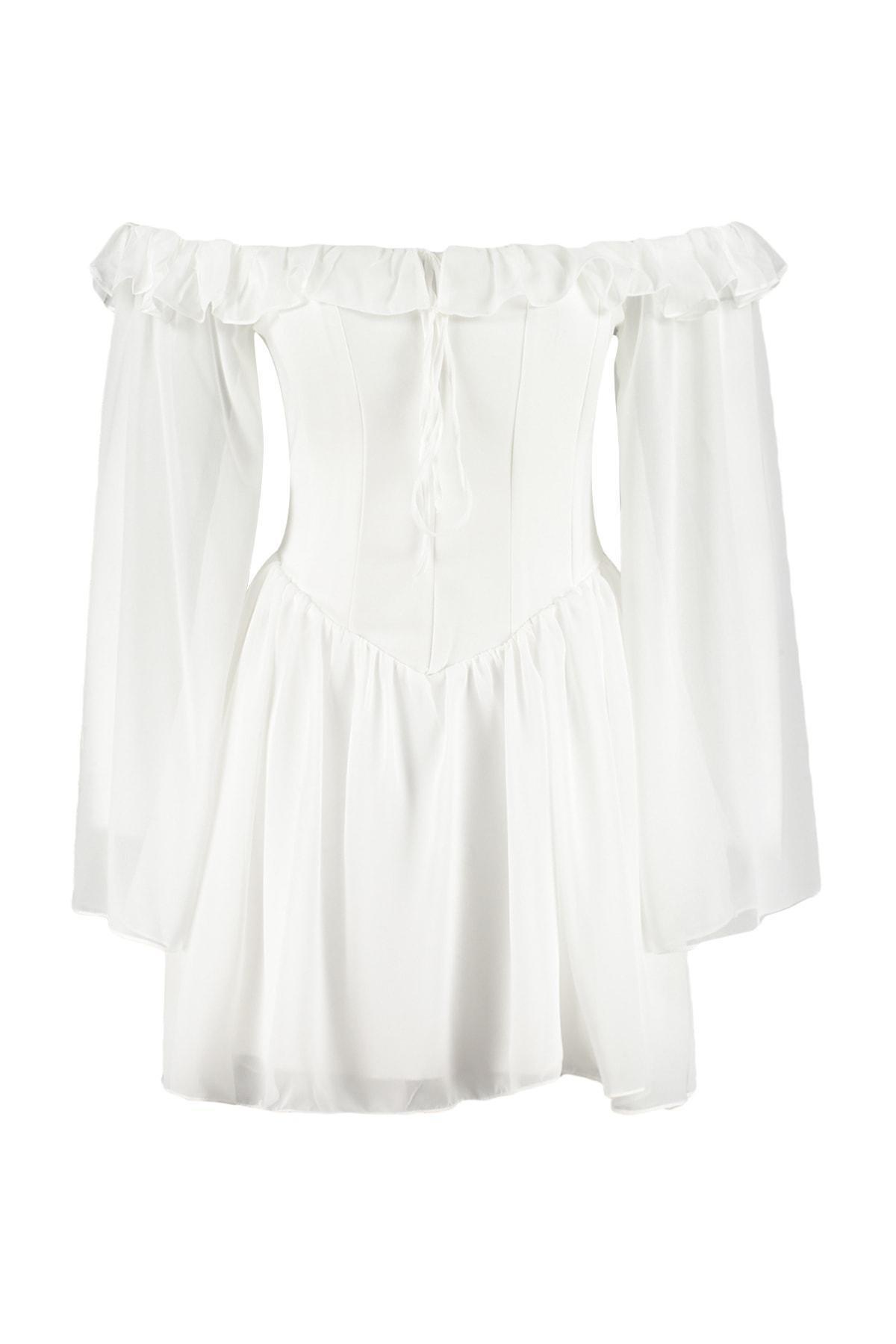 Off-White Off-Shoulder Chiffon Dress, , large image number 6