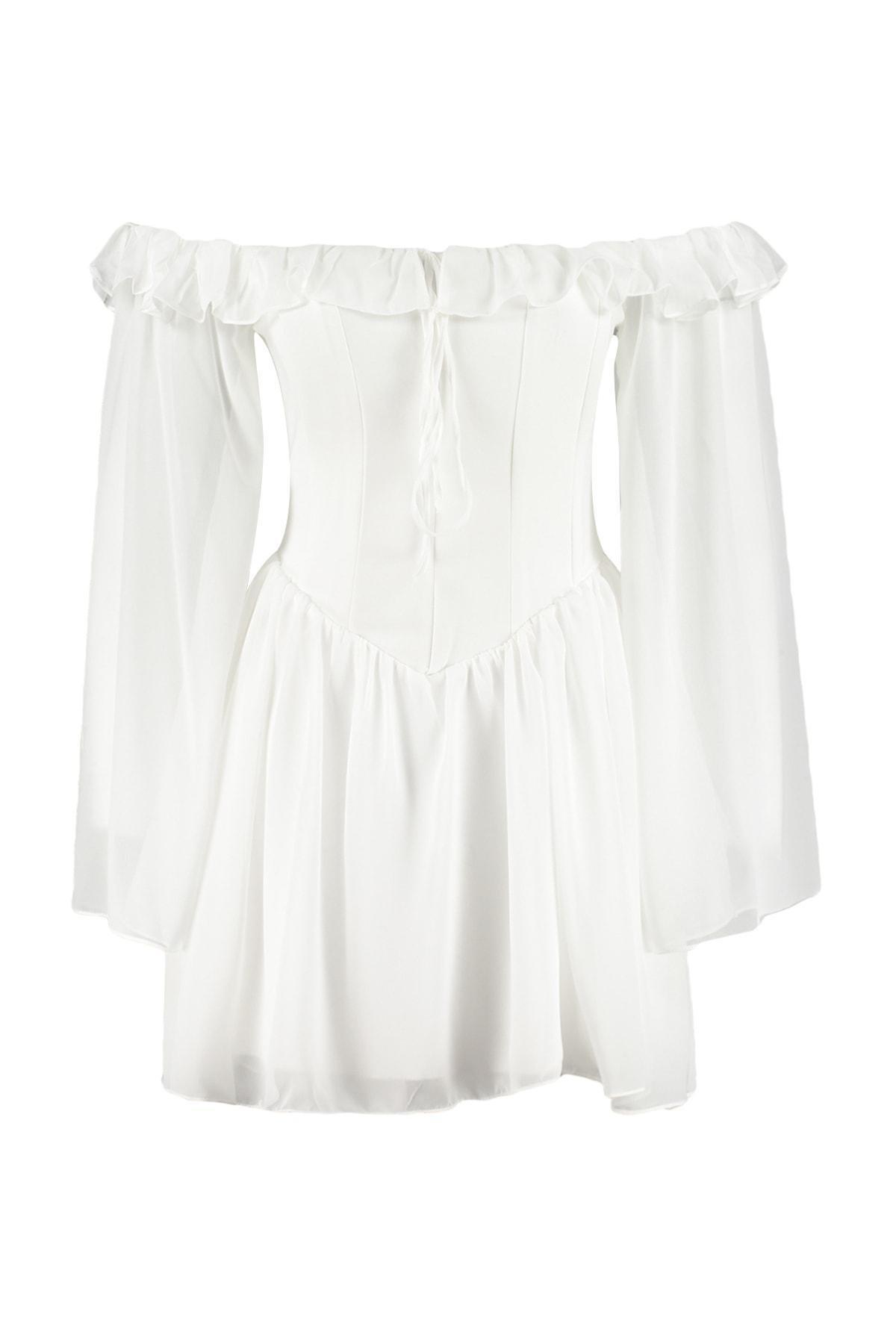 Trendyol - Off-White Off-Shoulder Chiffon Dress