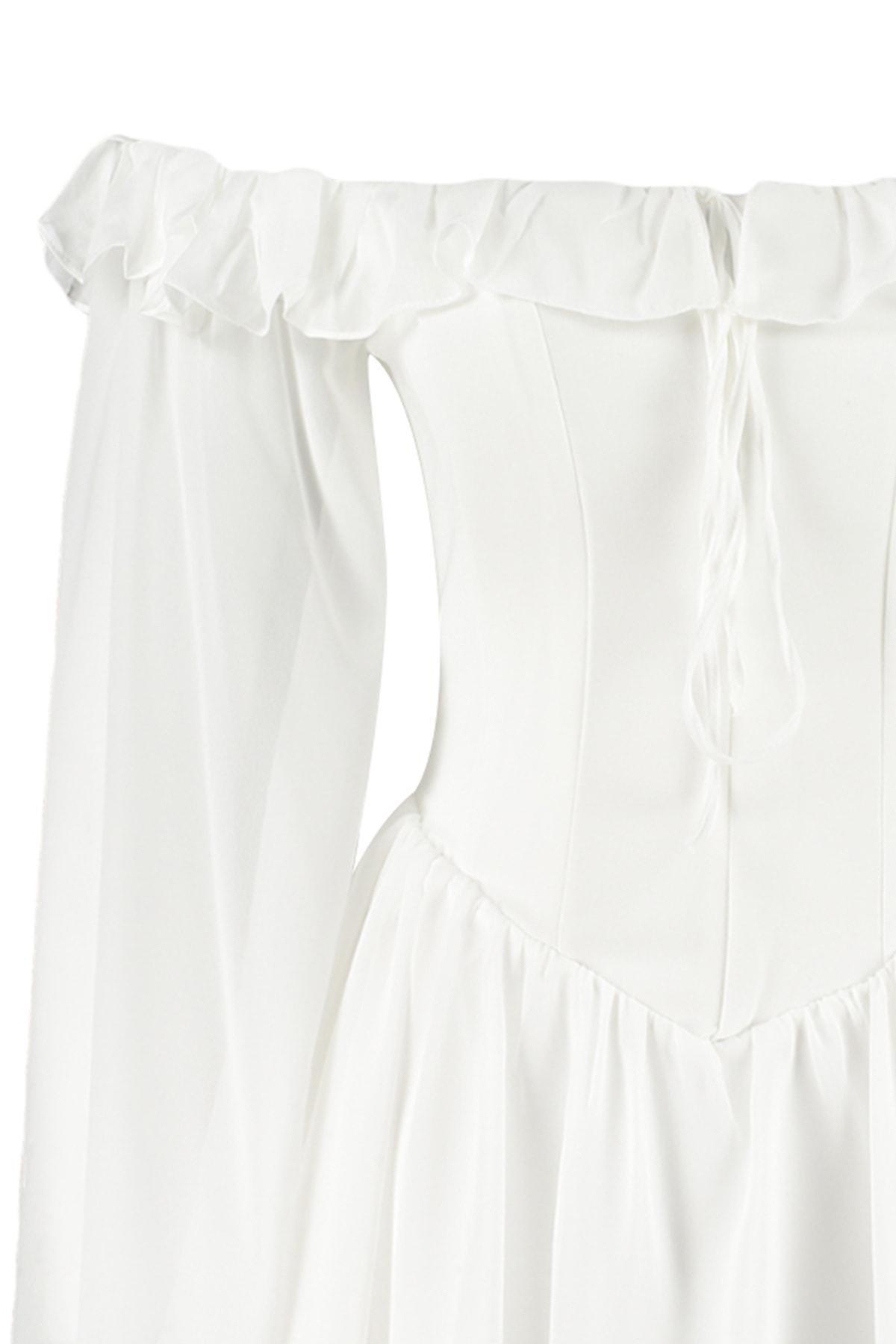 Trendyol - Off-White Off-Shoulder Chiffon Dress