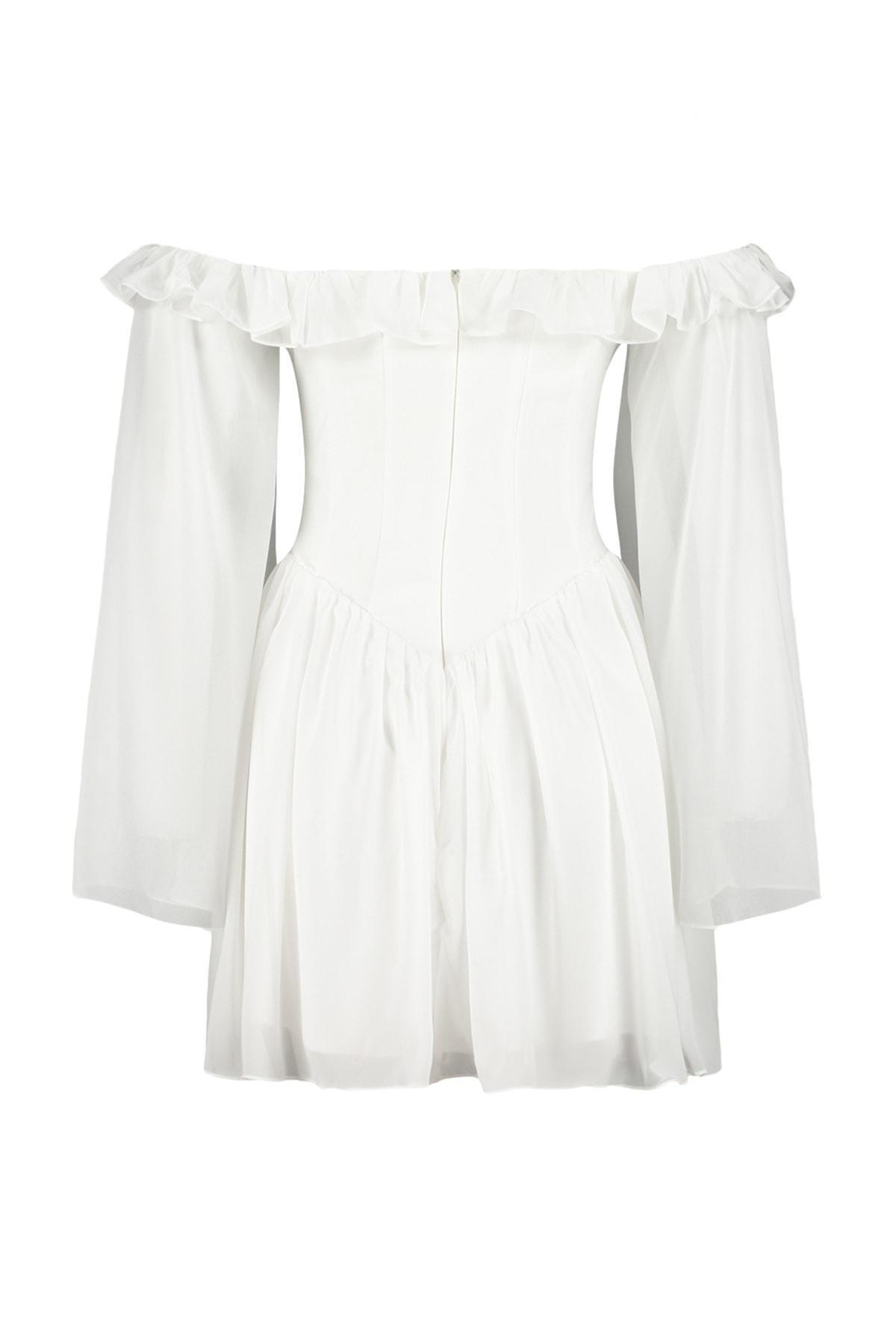 Trendyol - Off-White Off-Shoulder Chiffon Dress