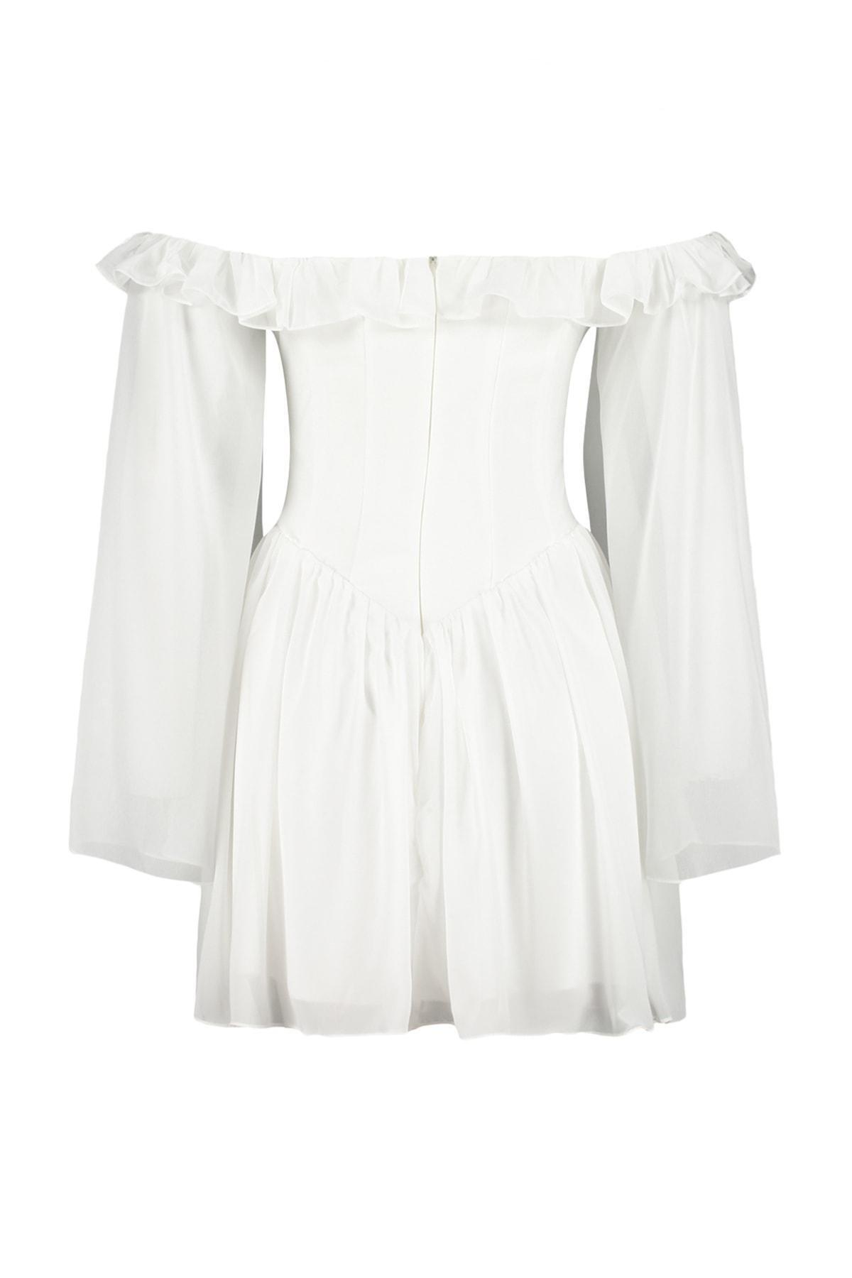 Off-White Off-Shoulder Chiffon Dress, , large image number 8