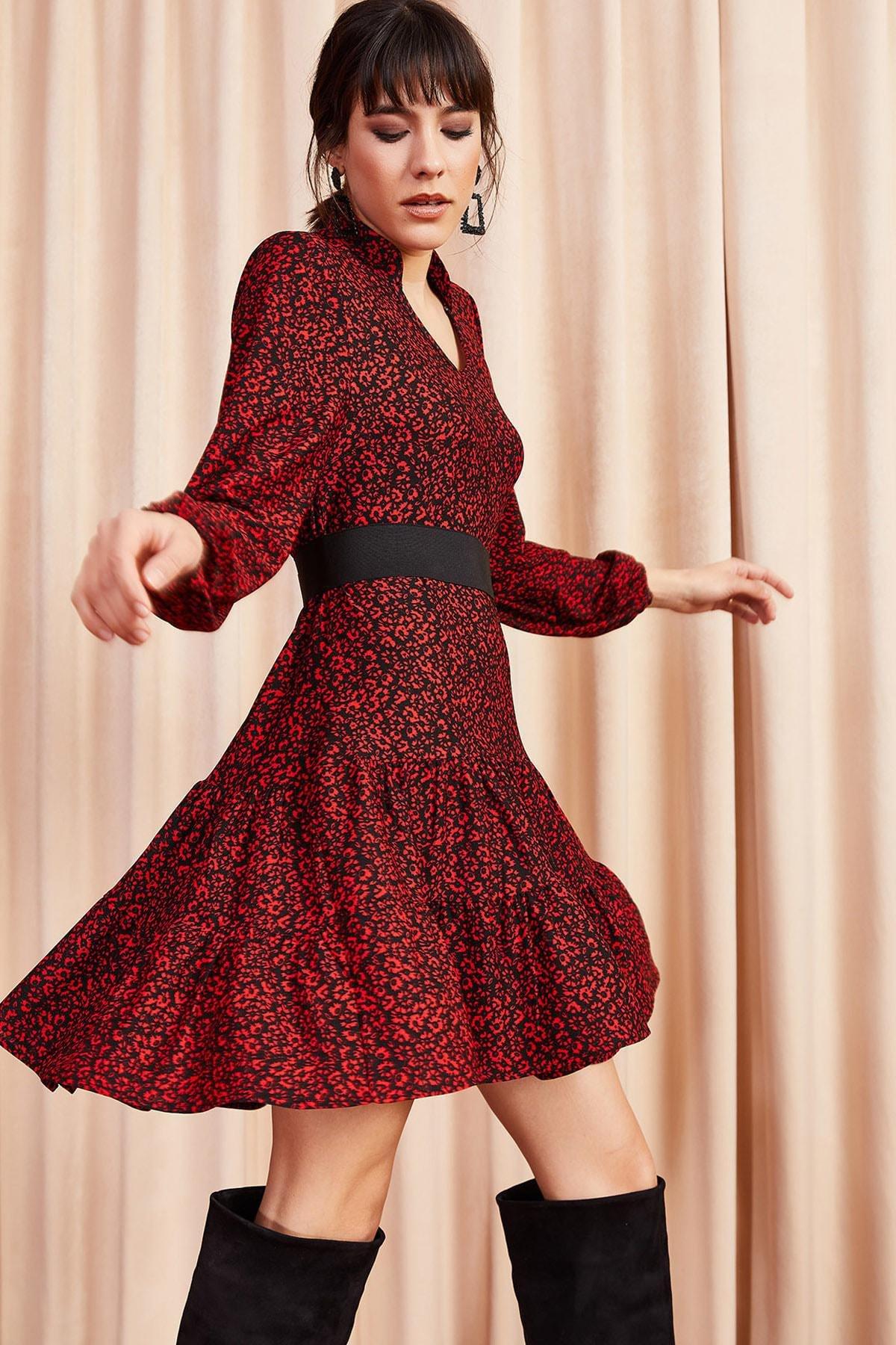 Red V-Neck Ruffle Dress, , large image number 0