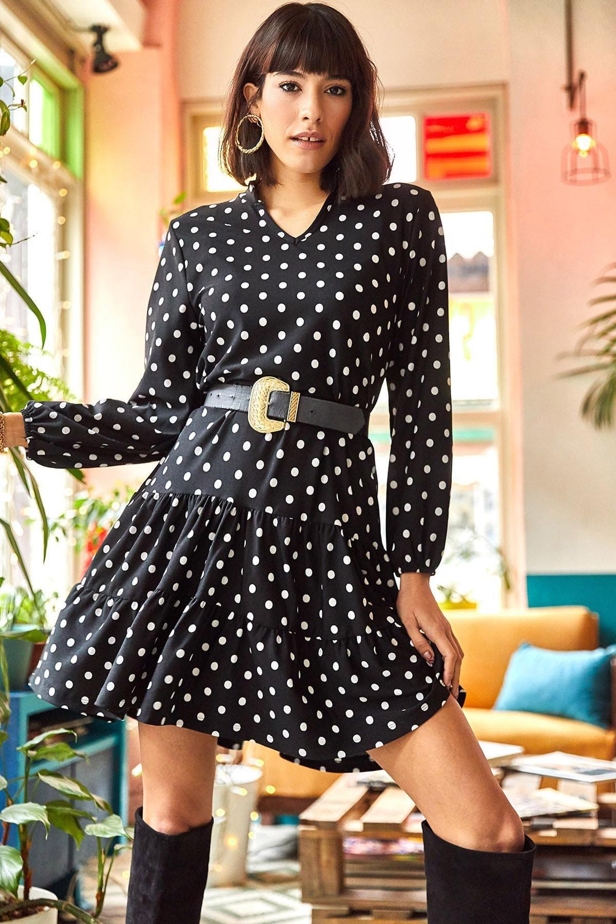 Black Polka Dot V-Neck Dress, Black Polka Dot, large image number 0