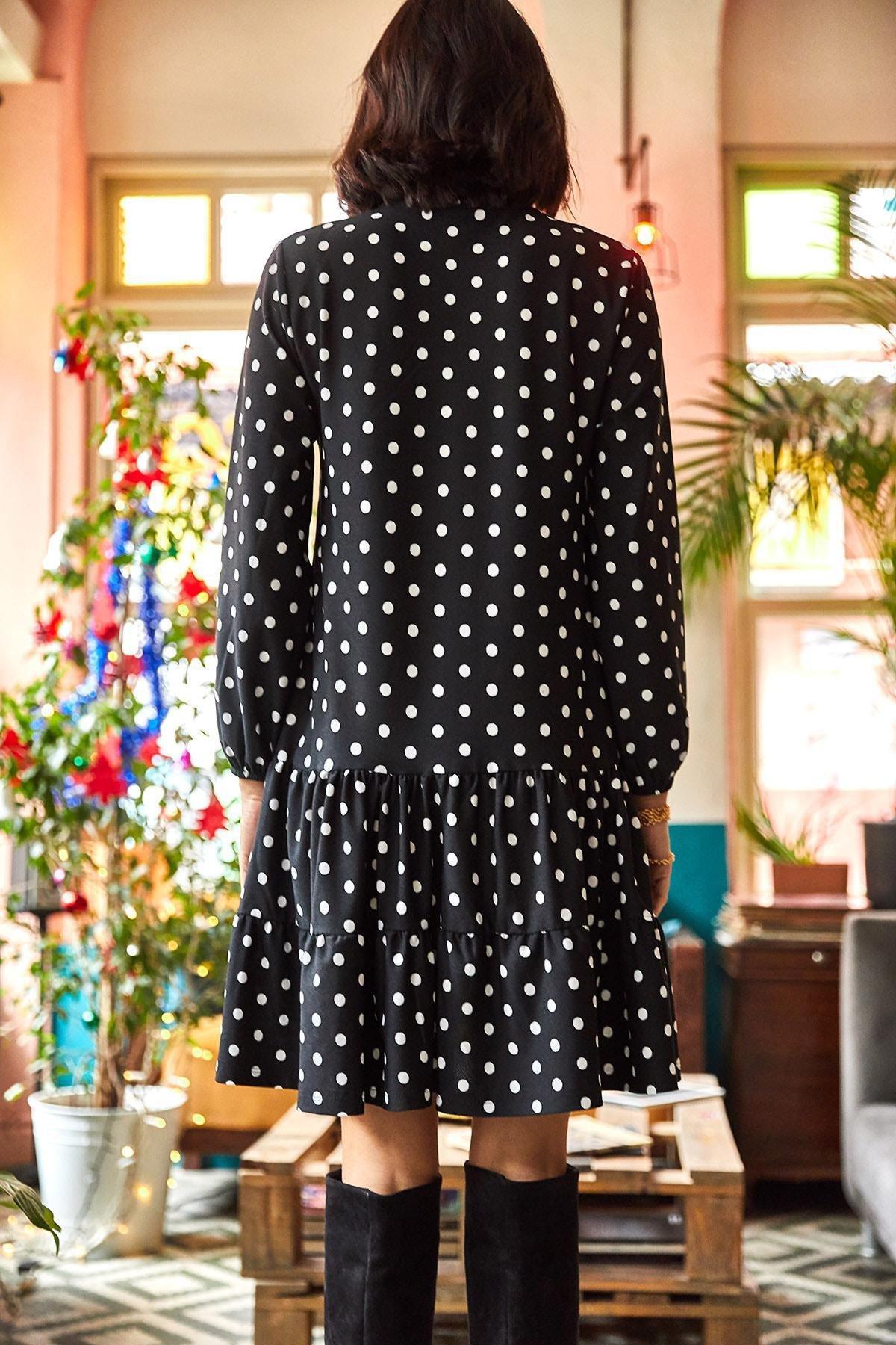 Black Polka Dot V-Neck Dress, Black Polka Dot, large image number 1