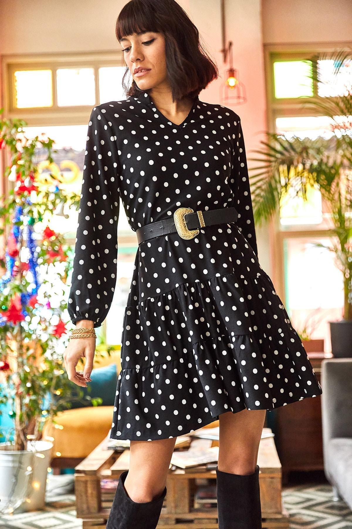 Black Polka Dot V-Neck Dress, Black Polka Dot, large image number 3