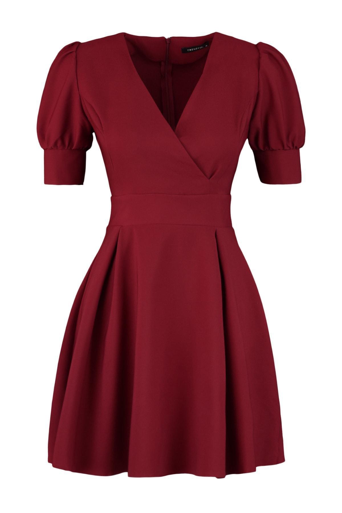 فستان بقصة على شكل حرف A وفتحة رقبة V، أحمر, Red, large image number 6