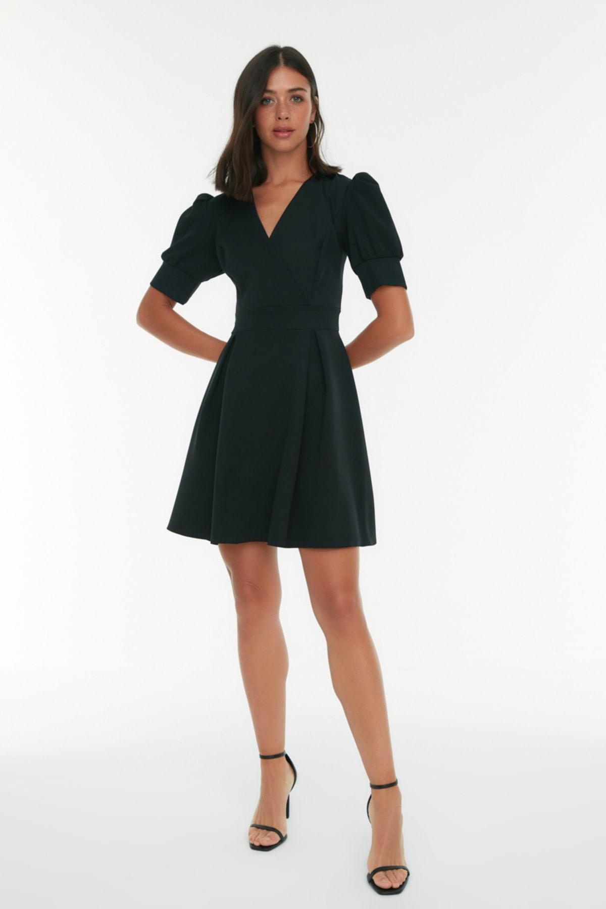 Black A-Line Double-Breasted Dress, Black, medium