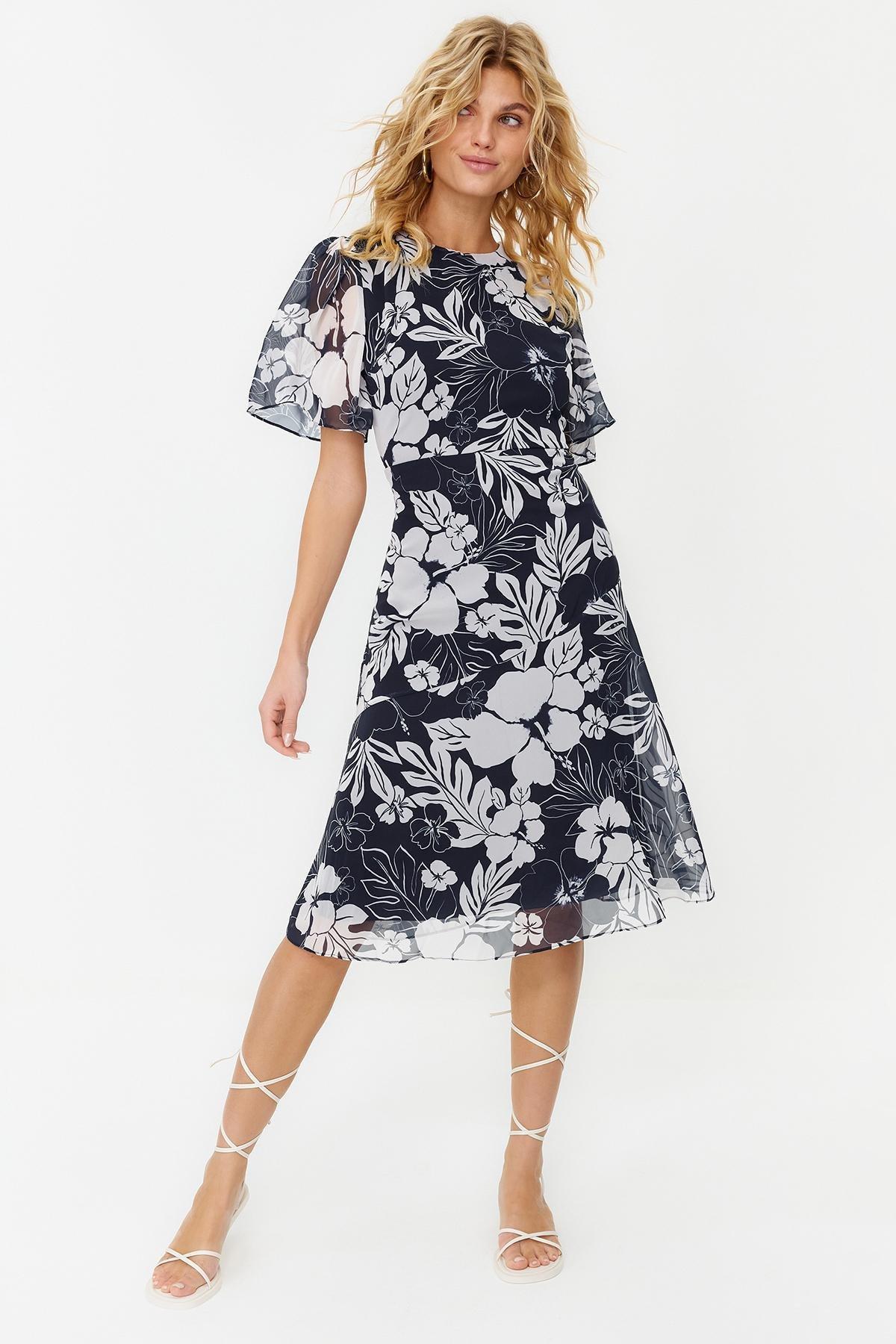 Blue Midi Woven A-Line Dress, , large image number 0