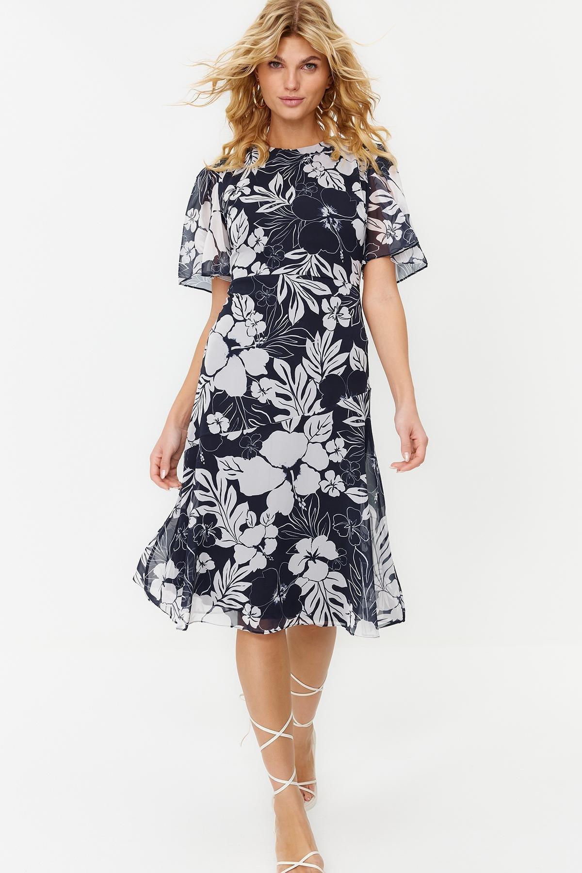 Blue Midi Woven A-Line Dress, , large image number 1