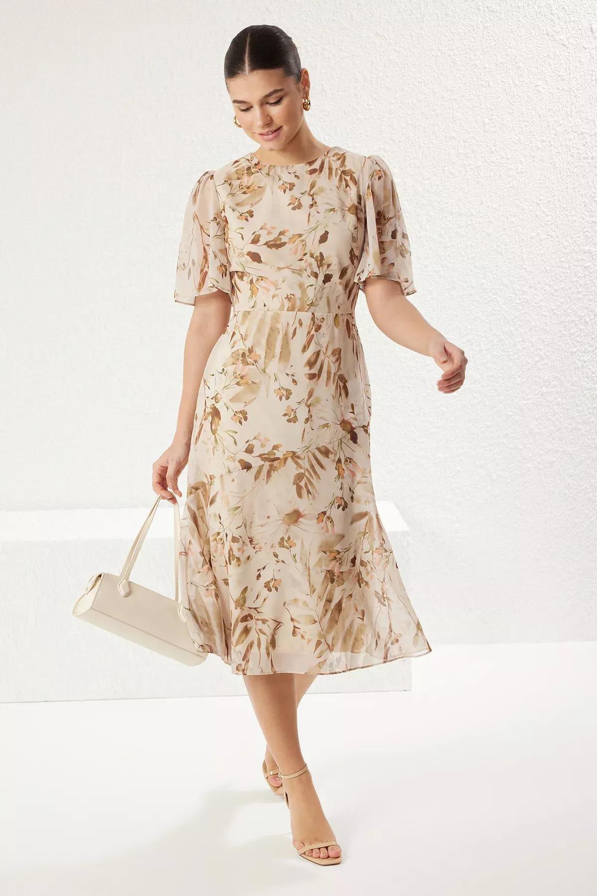 Brown Floral A-Line Midi Dress, , large image number 0