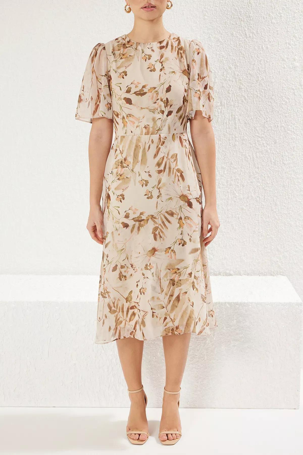 Brown Floral A-Line Midi Dress, , large image number 2