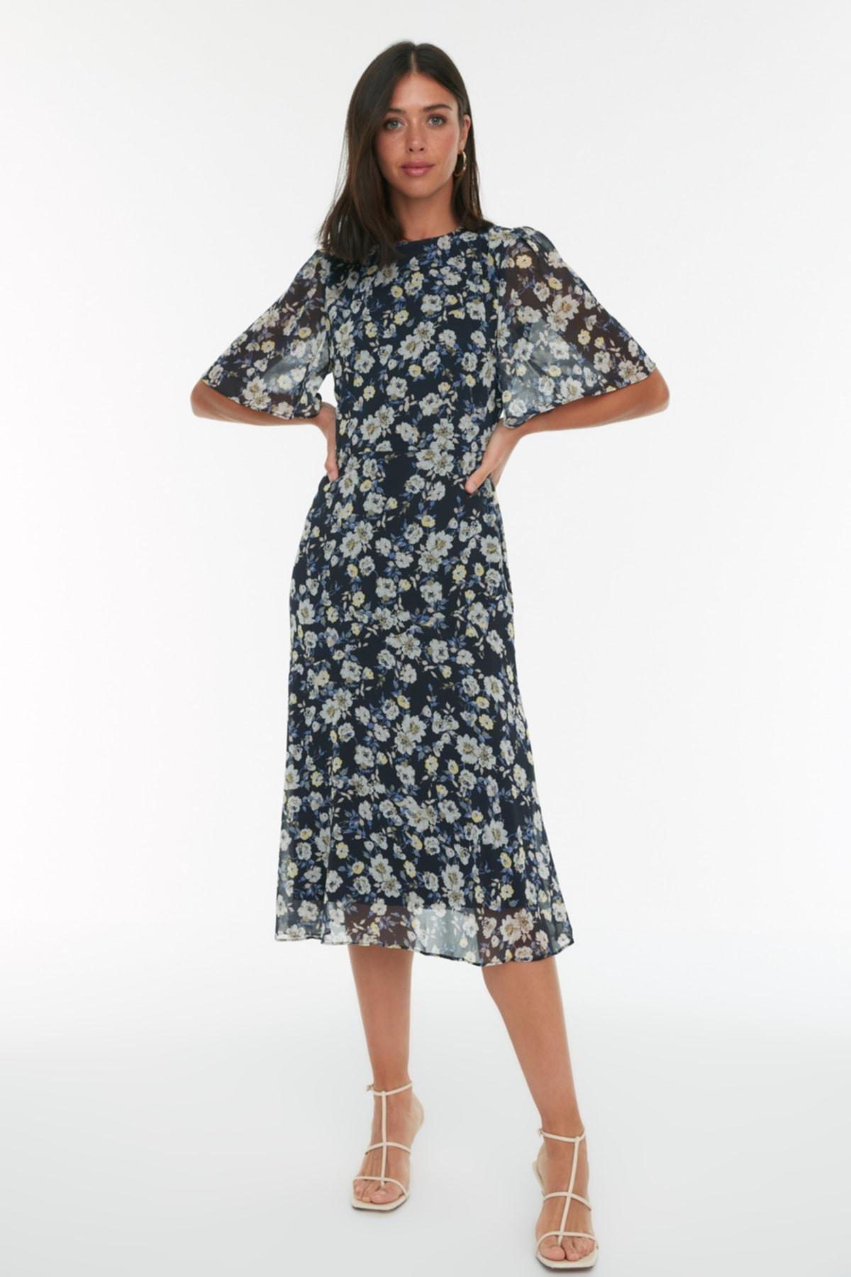 Navy A-Line Boat Neck Dress, , large image number 1