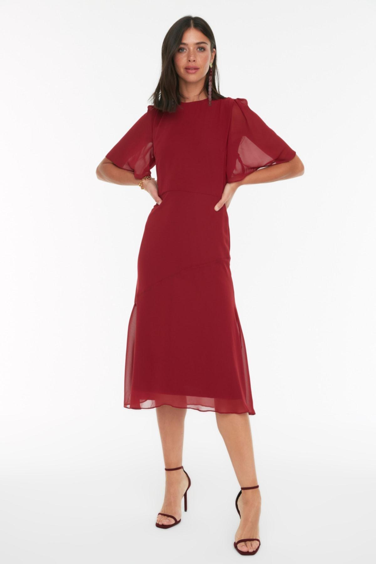 Burgundy Boat Neck A-Line Dress, Burgundy, large image number 1