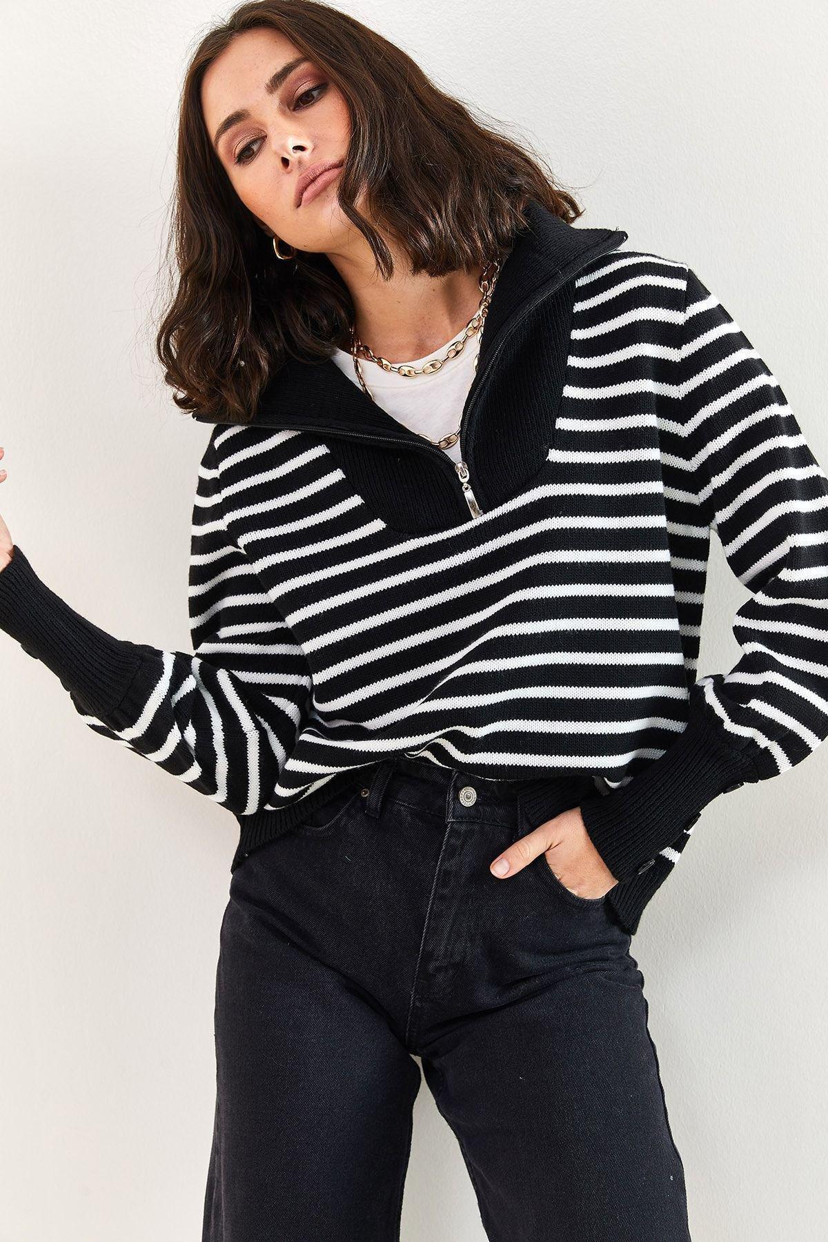 Black Turtleneck Zippered Pattern Sweater, BLACK, large image number 2