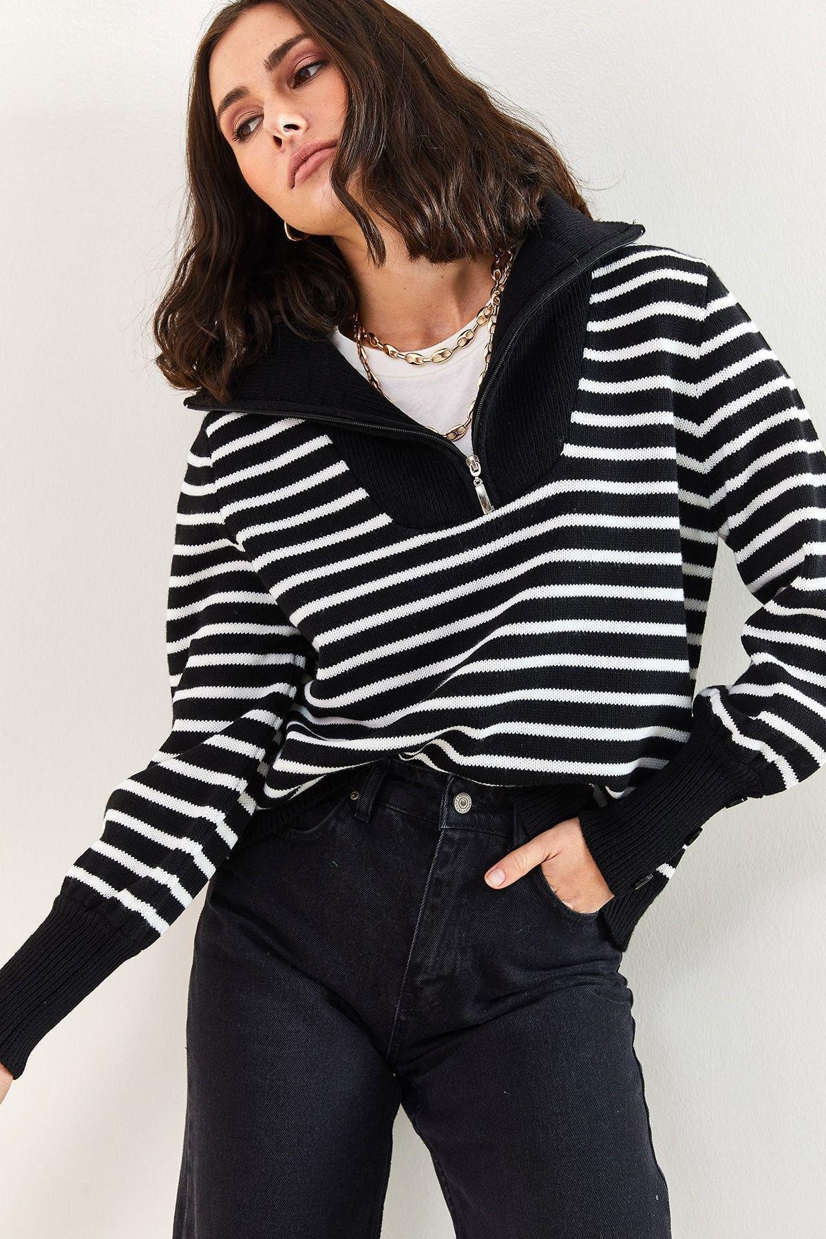 Black Turtleneck Zippered Pattern Sweater, BLACK, large image number 3