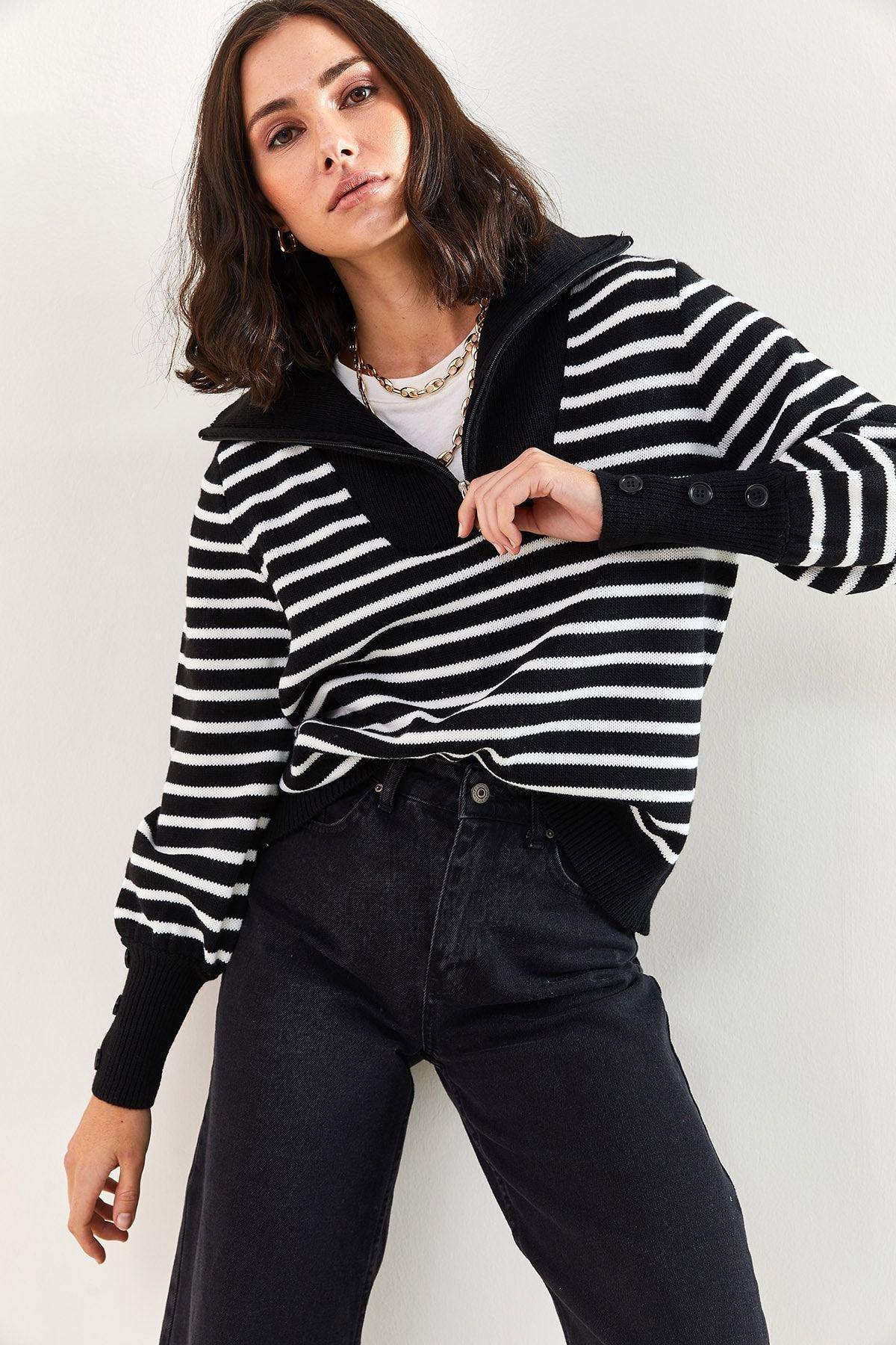 Black Turtleneck Zippered Pattern Sweater, BLACK, large image number 5