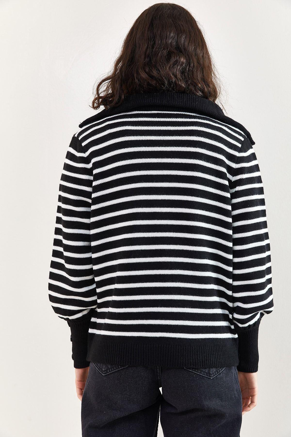 Black Turtleneck Zippered Pattern Sweater, BLACK, large image number 6