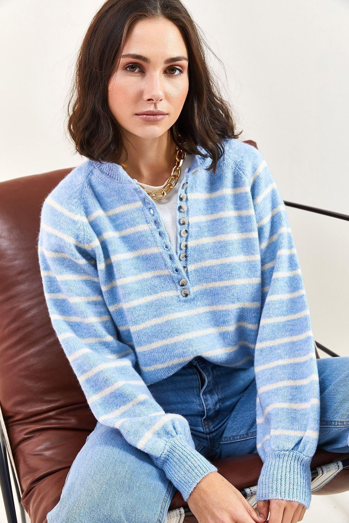 Blue Collared Turtleneck Striped Knitted Sweater, BABY BLUE, large image number 0