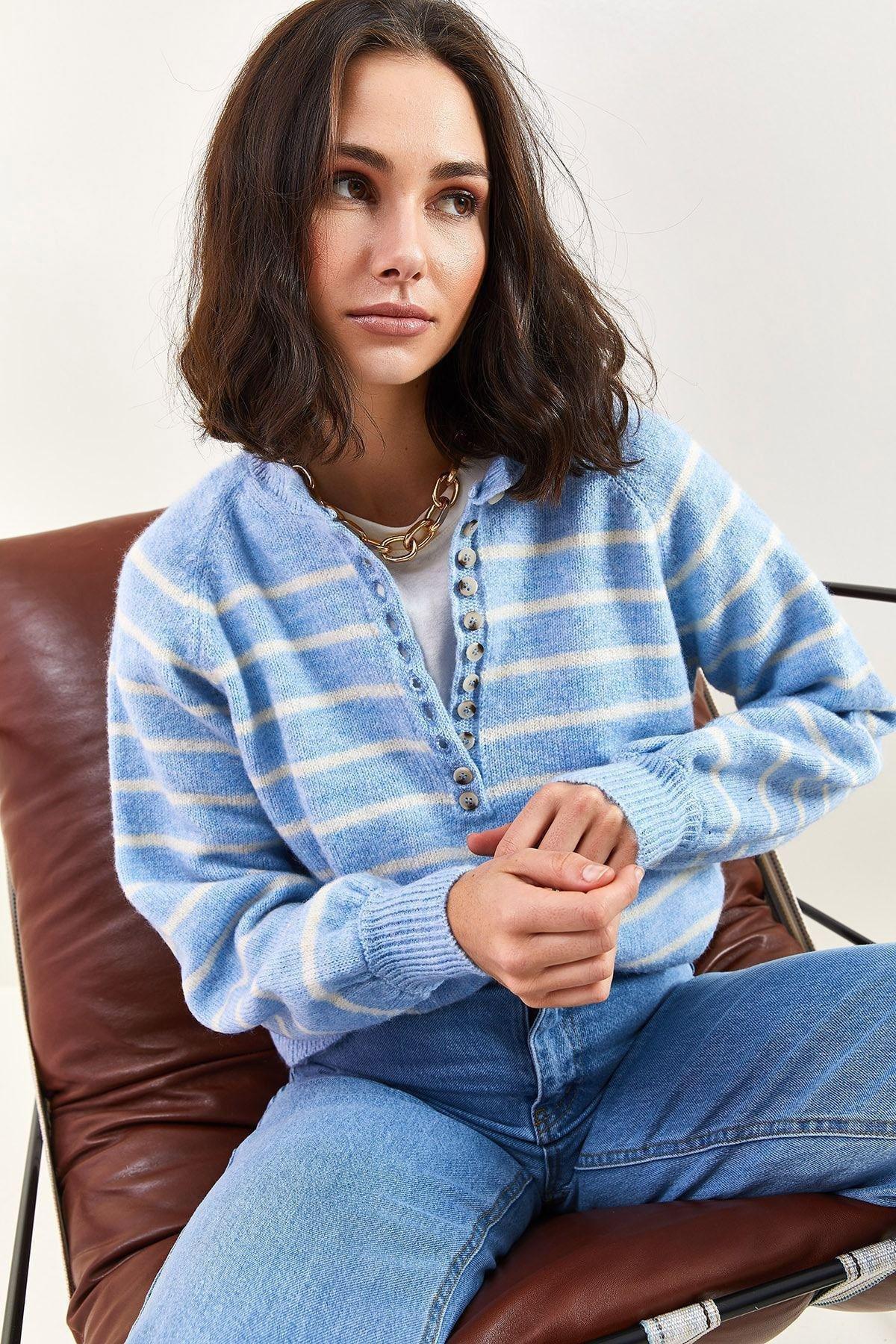 Blue Collared Turtleneck Striped Knitted Sweater, BABY BLUE, large image number 1
