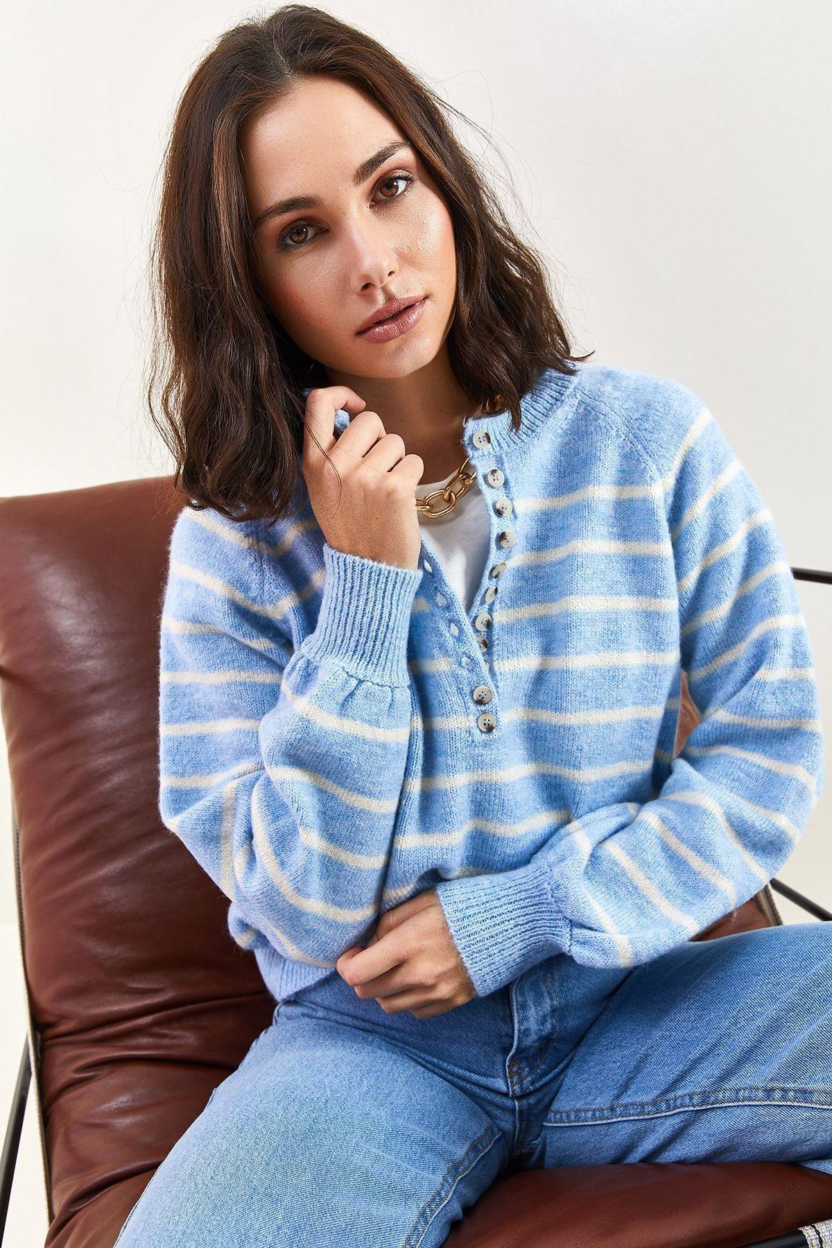 Blue Collared Turtleneck Striped Knitted Sweater, BABY BLUE, large image number 3